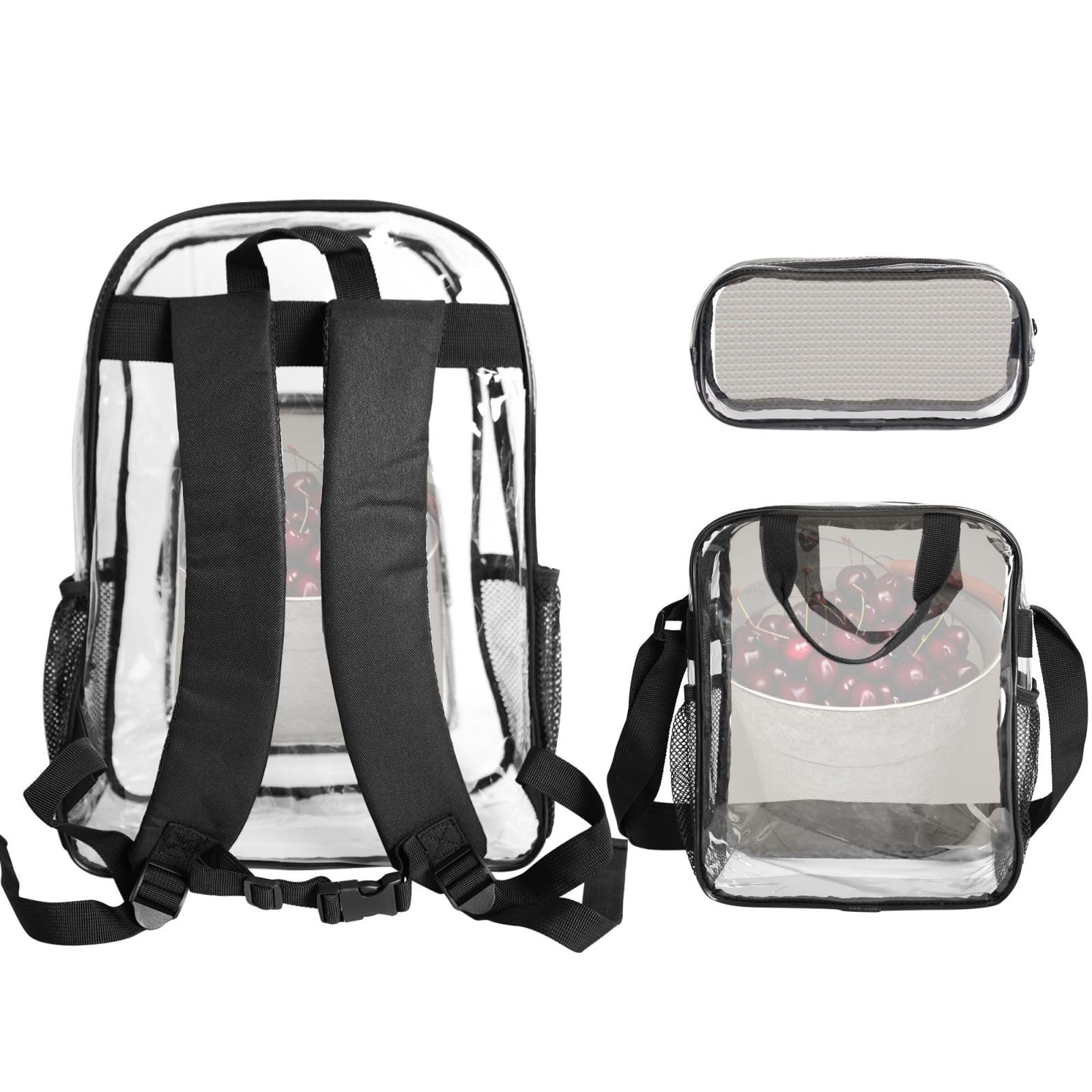 Zaino trasparente con stampa di ciliegie, unisex, per viaggi all'aperto, con astuccio trasparente per 3 penne