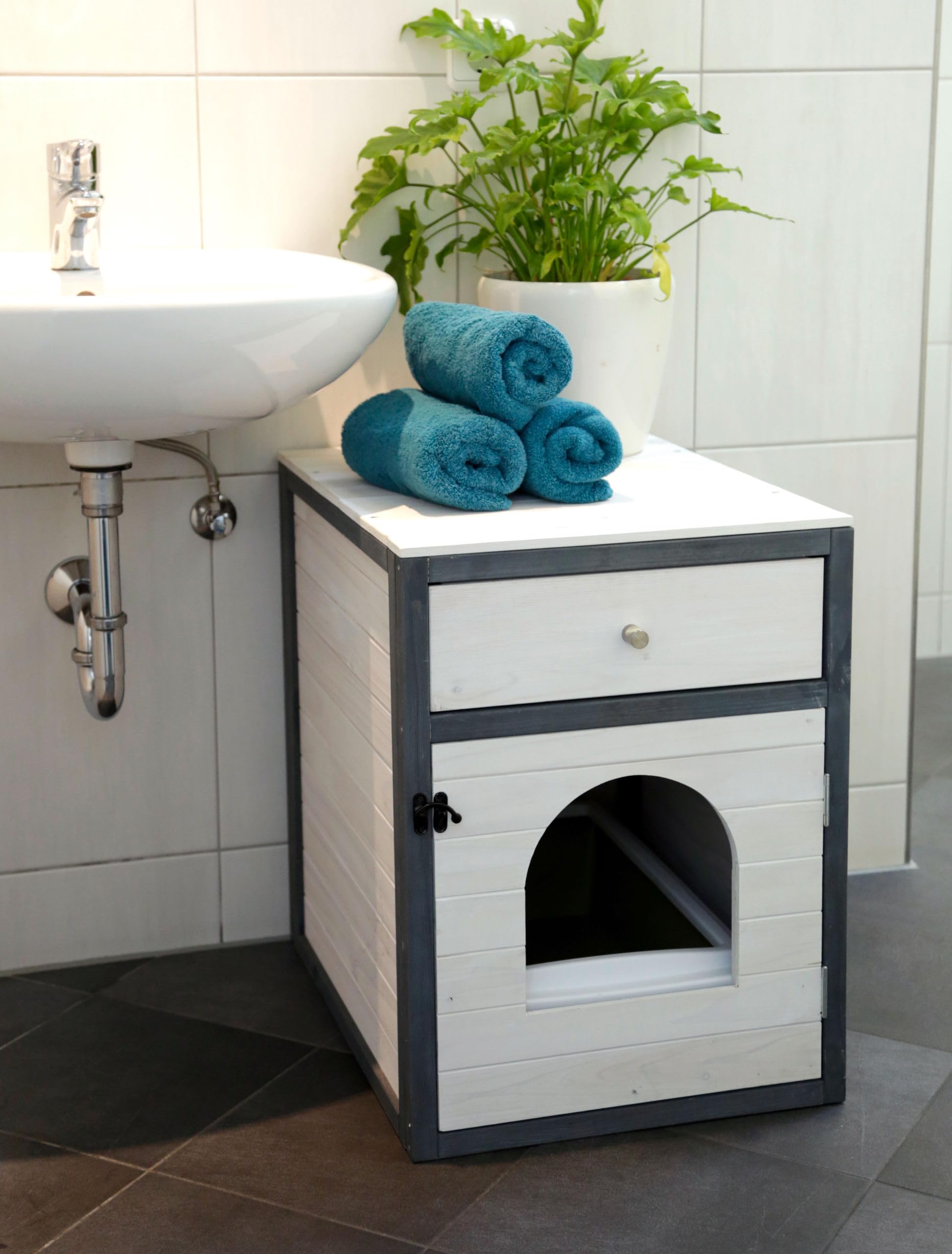 Kerbl Pet Armario para Gatos IDA, casa para Gatos, Blanco, Gris, 58x45x60cm, Madera, para Gatos, con cajón, cojín Integrado