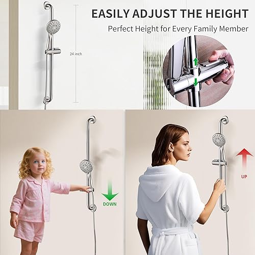 Miniatura 3 de BRIGHT SHOWERS Juego de barra deslizante de acero inoxidable con barra de agarre compatible con Ada, ducha de mano de 5 rociadores con kit de barra
