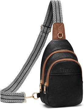 Viverte Crossbody Bags for Women Small Leather Sling Bag Fanny Packs Cross Body Chest Bag for Woman Black with Brown