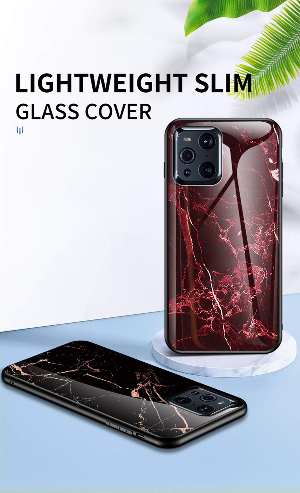 BRAND SET Cover In Vetro Temperato Con Disegno Marmo Per Oppo Find X3 Pro / Find X3, Custodia Ibrida TPU Antiurto - Rosso - 4