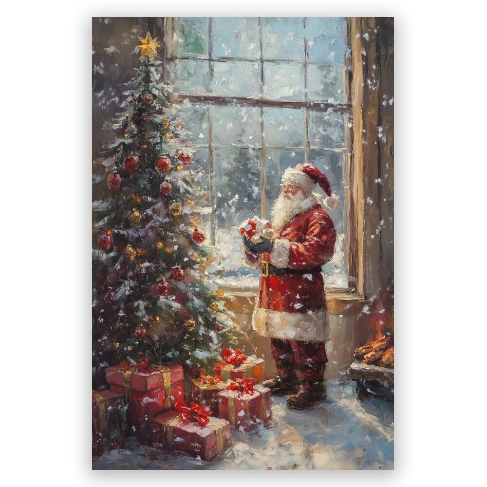 Vintage Christmas Wall Art Prints Posters, Santa Claus, Pine Tree Canvas Christmas Pictures Wall Decor, Winter Holiday Decorations For Living Room, Bedroom, Fireplace 20x30inch Unframed