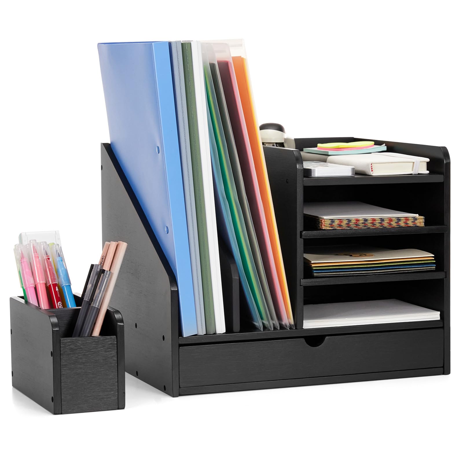 Bamboo Desk Organizer with File Holders, Wooden Table Files Storage with Adjustable Pen Holder and Drawer, Desktop Letter Paper Tray Rack for Office Home School (Black)