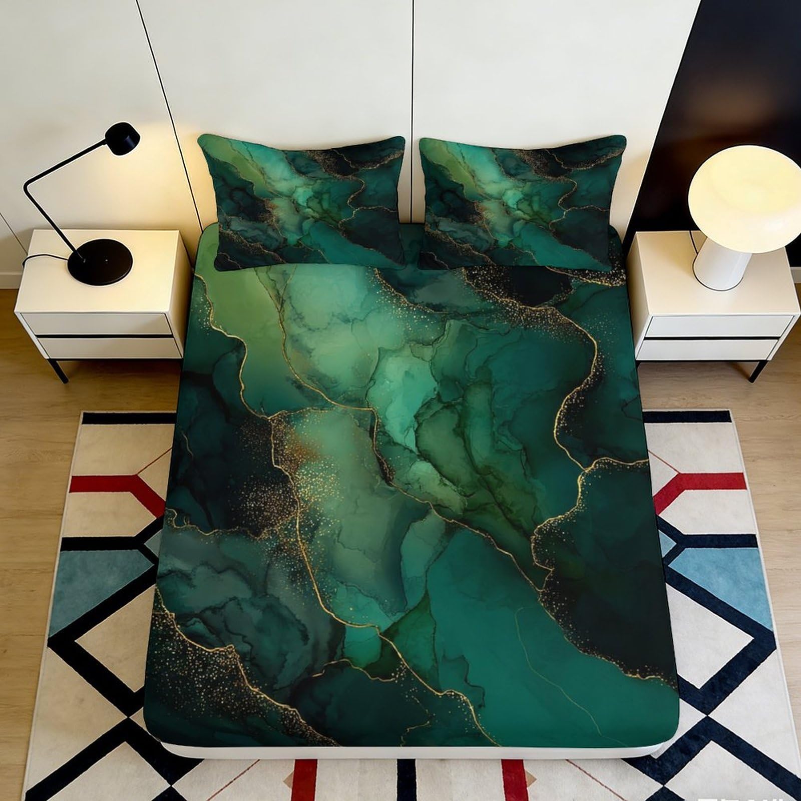 3D Printed Emerald Green Marble Fitted Sheet Microfiber Soft Breathable Golden Vein Mattress Cover for Bedroom Dormitory Guest Room Mattress Protection 160x200x25cm