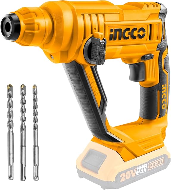 INGCO 20V Lithium-Ion Rotary Hammer Drill with 3Pcs SDS-Plus Drill Bits, 1.5J, LED Light (Battery and Charger Not Included) CRHLI1601