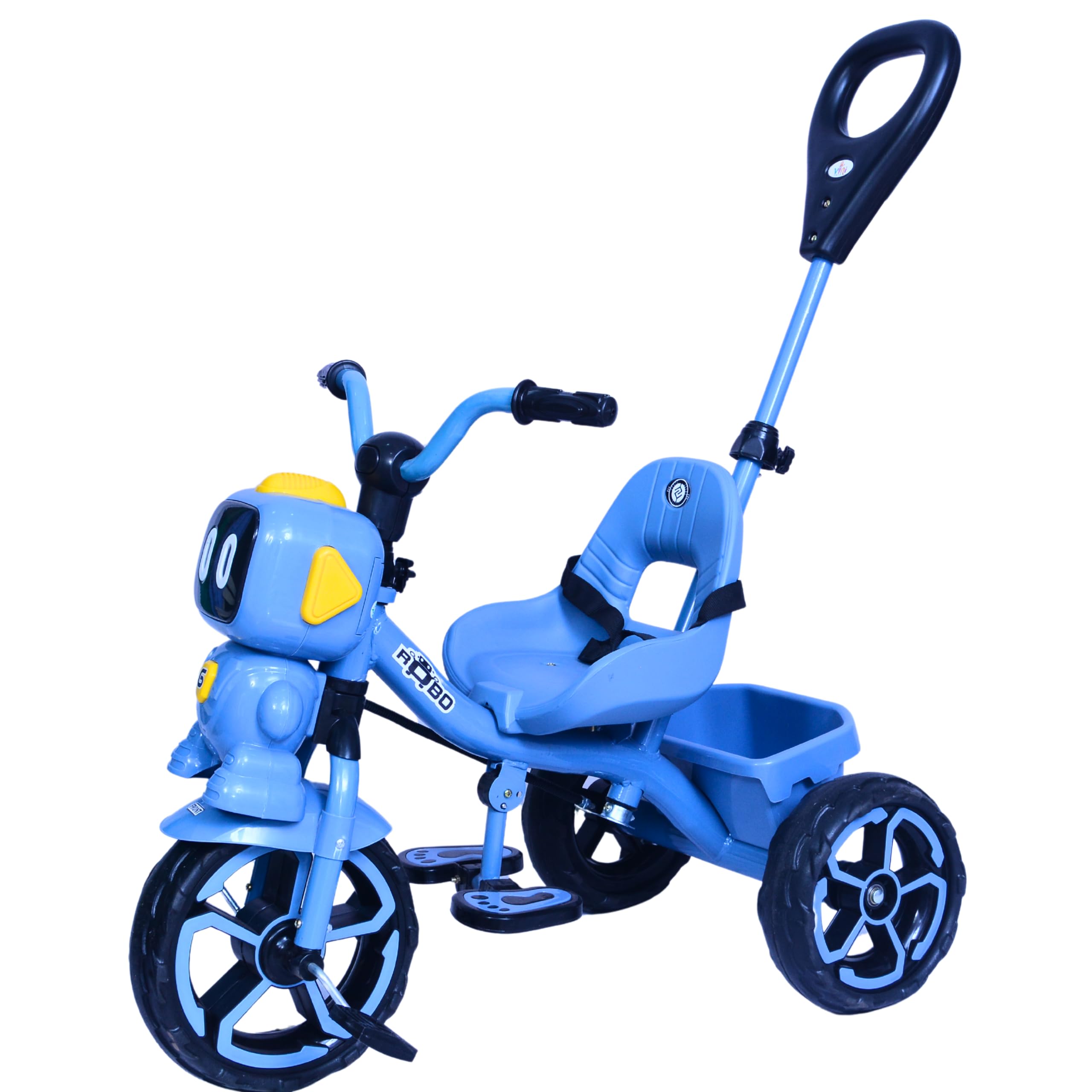 Robo Kids Tricycle with Music, Parent Handle, Safety Belt, EVA Wheels, Strong Metal Frame, Foldable Footrest & Rear Basket, Baby Tricycle Ride-On for Boys & Girls Age 2–5 Years (Blue)-image-23