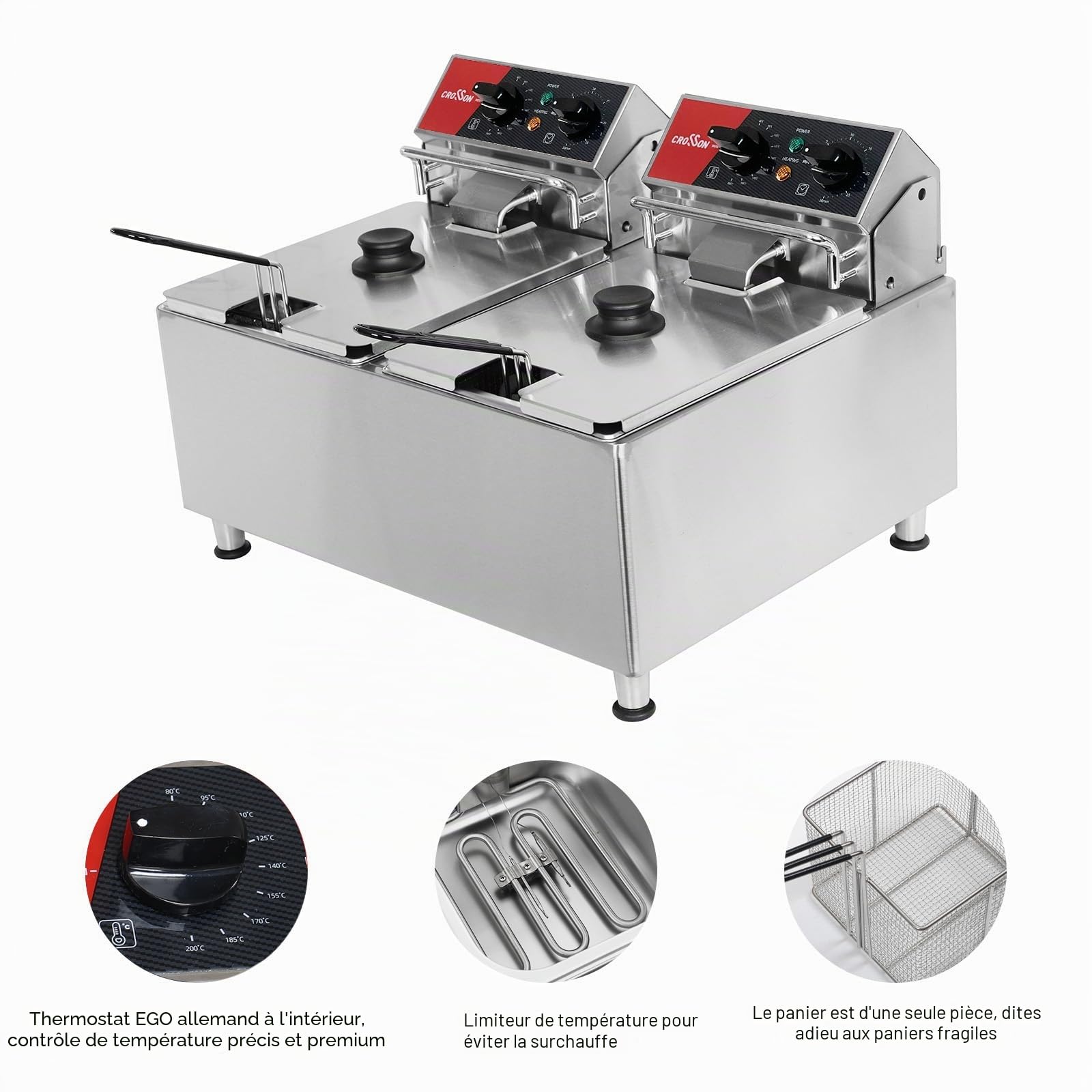 crosson Friteuse électrique CROSSON 16 L à double réservoir avec tête de friteuse rotative, minuterie de 30 minutes, thermostat EGO, friteuse de comptoir pour usage commercial