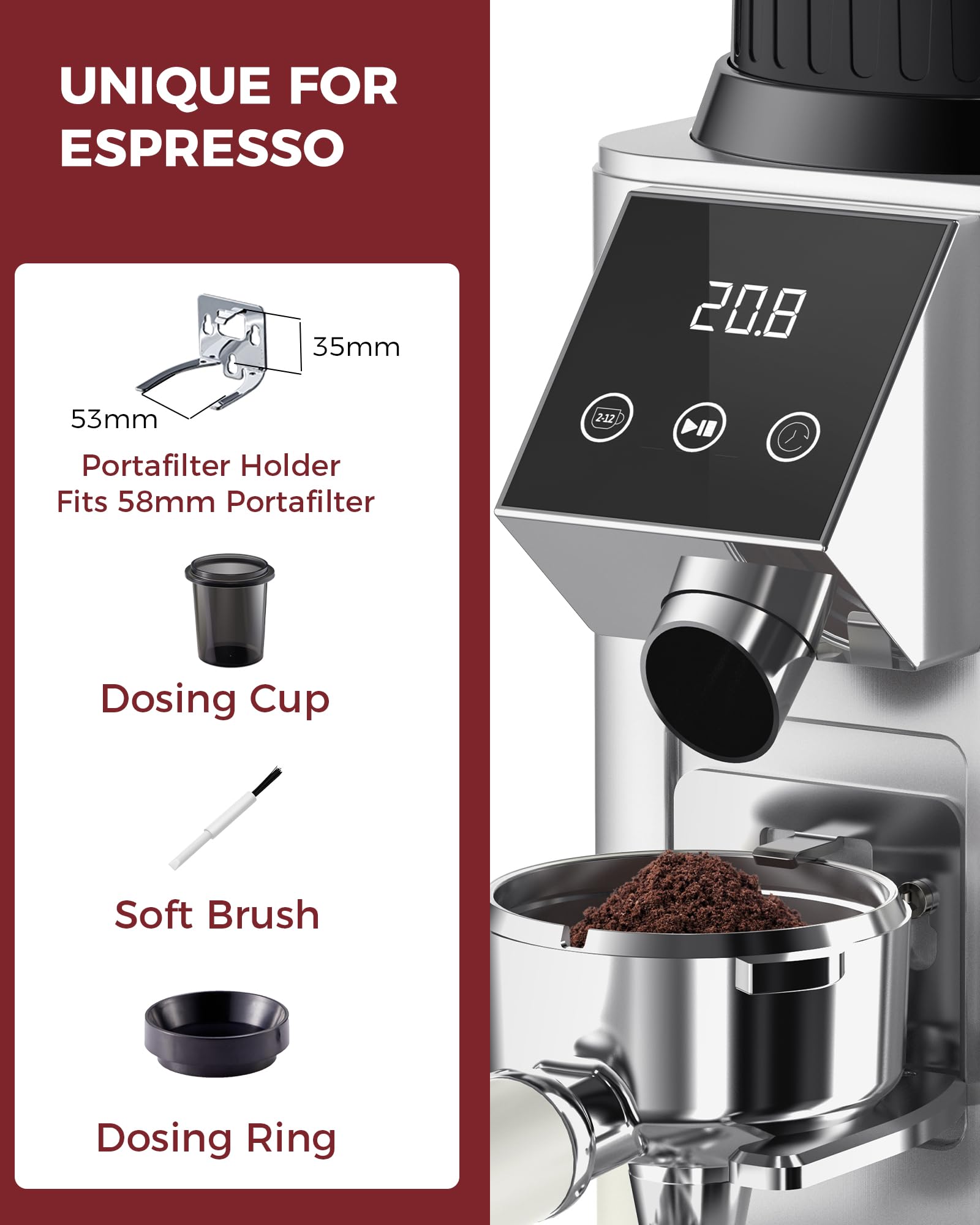 Tuni G1 Silver Conical Burr Coffee Grinder with Black Digital Coffee Scale | 48 Grind Settings, LED Touchscreen, Patented Anti-Static 40mm Conical Burr, 450 RPM, 500mAh Lithium Battery, 0.1g Accuracy