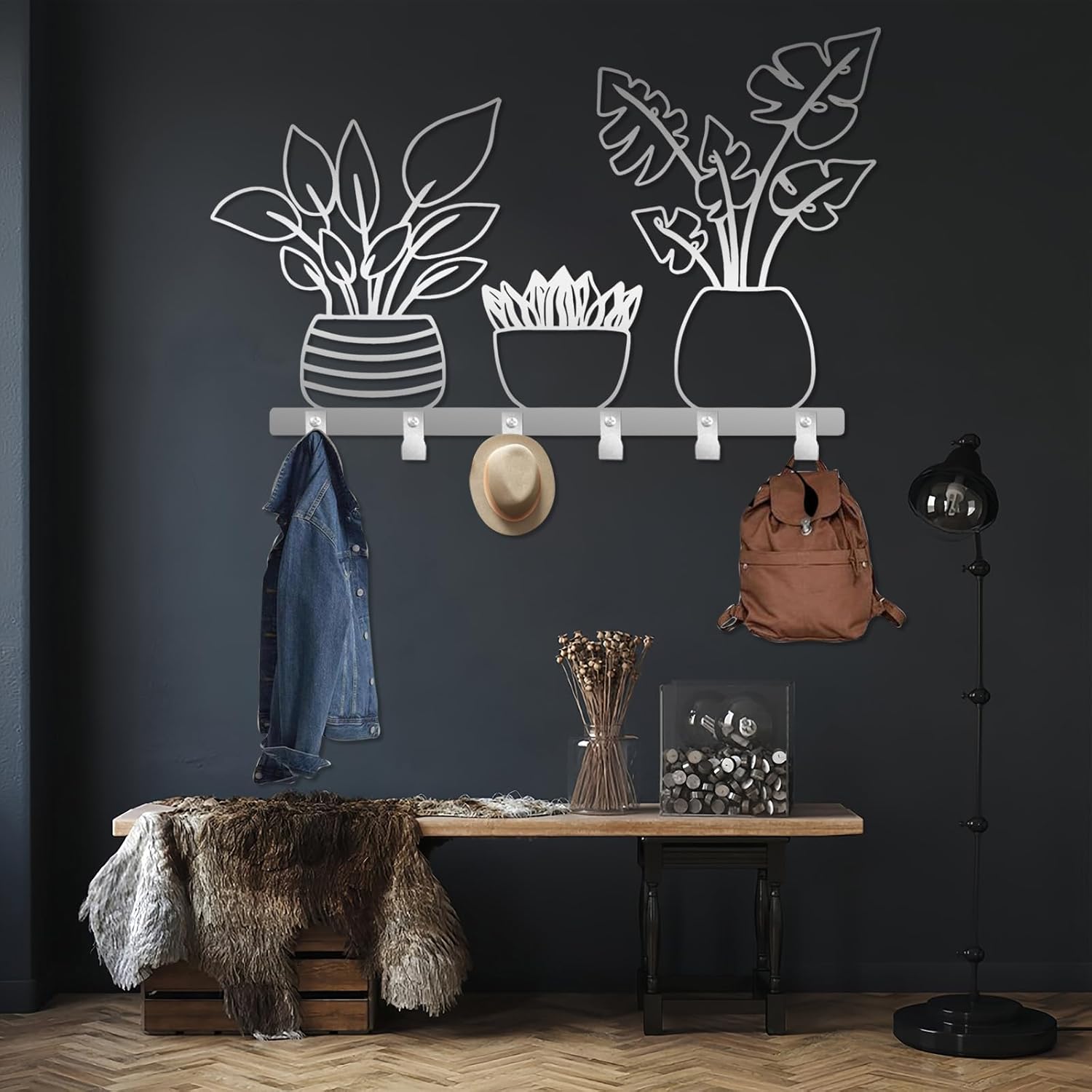 Metal Planter Coat Rack, Rustic Vase Wall Mounted, Botanical Flower Wall Mounted, Flower Key Hat Clothes Hooks, Nature Home Decor (Black, 11"x19"|28x47cm)