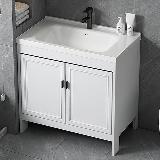HARELA Freestanding Sink, Ceramic Sink with Tap for Cold and Hot Water