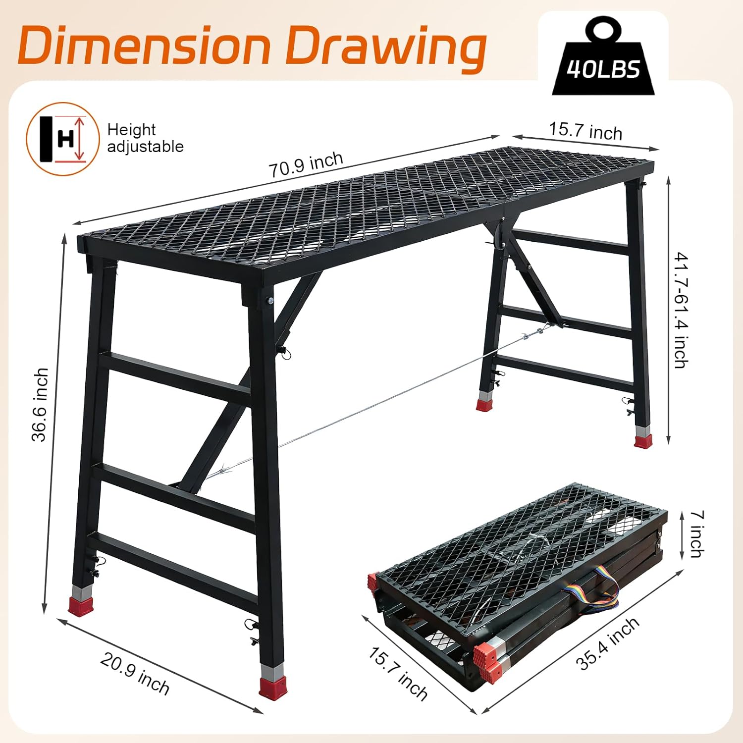 Foldable Scaffolding Platform, Height Adjustment 70.9x15.7x35.4-57 in Portable Welded Steel Work Platform, 770 lbs Capacity, Industrial Step Ladders Ideal for Home Improvement, Wiring and Painting