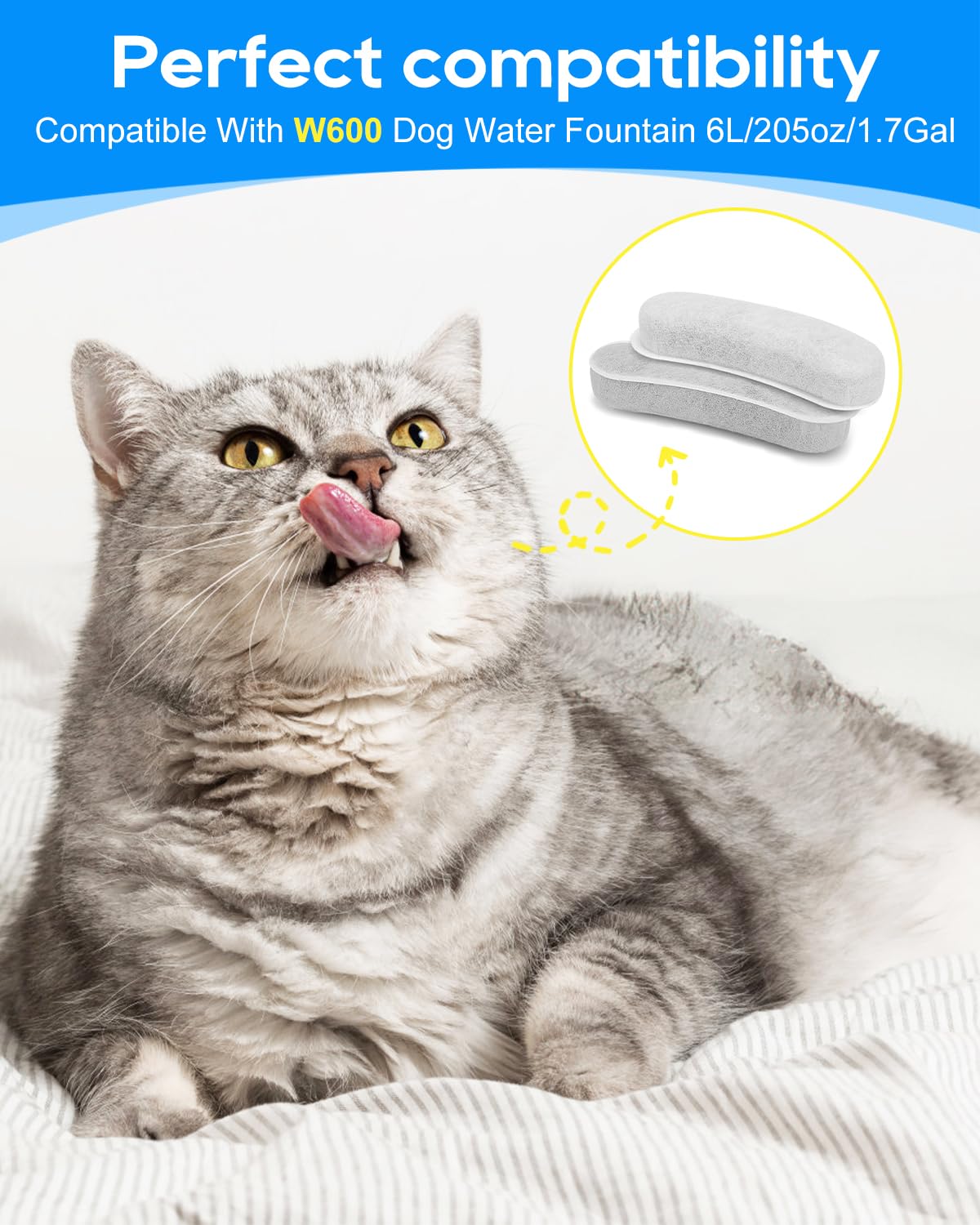 Paquete de 12 filtros de fuente de agua de repuesto para perros compatibles con dispensador automático de cuencos de agua W600, filtros de carbón para fuente de agua para perros de 200 onzas/6