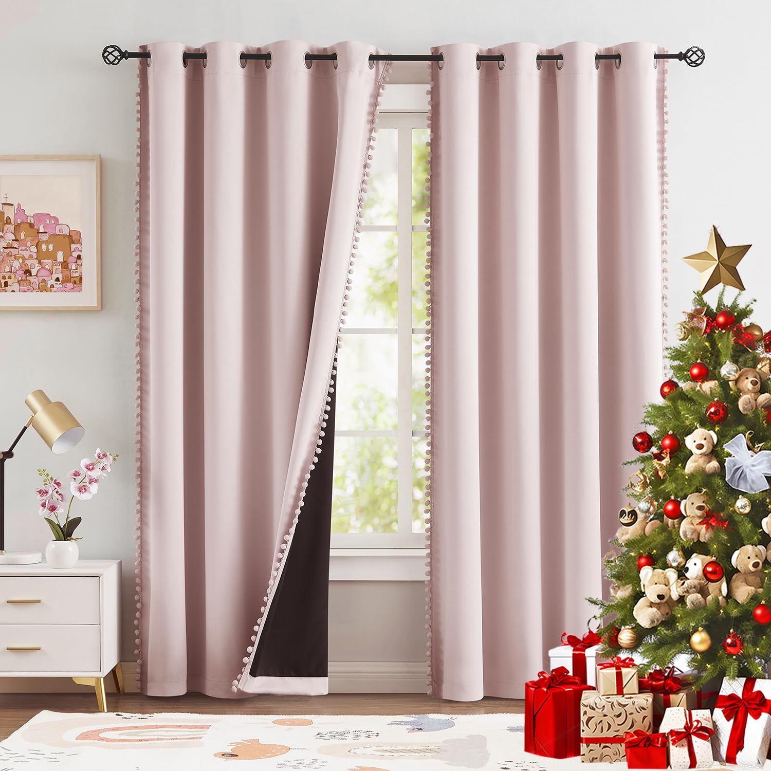 Abstractex Pom Pom Pink Blackout Curtains for Living Room Girls Room Eyelet Ring Top 54 inch Long Thermal Insulated Drapes for Bedroom Room Darkening Curtain Panels for Nursery 54" W 2 Panels - Image 2