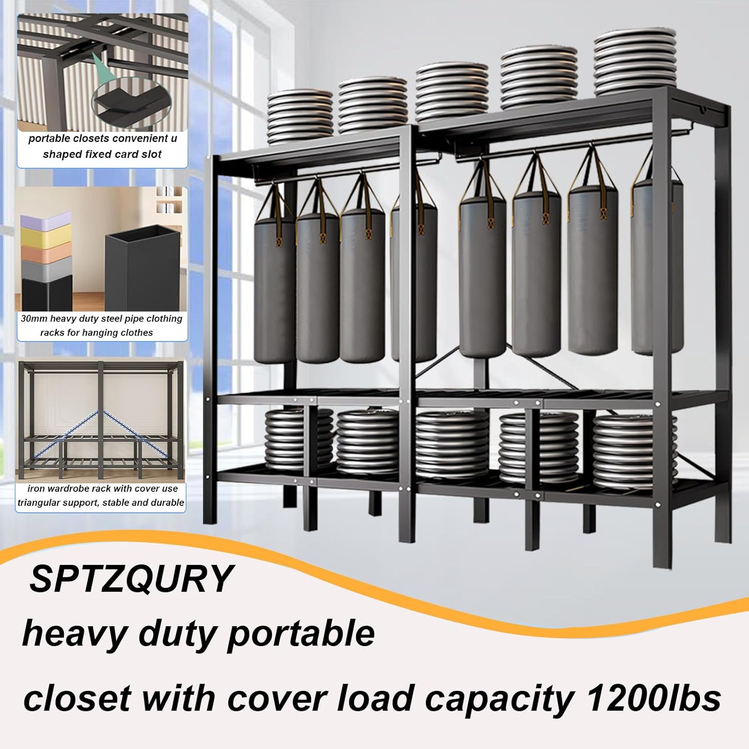 Foldable Portable Closet Wardrobe on Wheel Heavy Duty Metal Clothing Rack with Cover Freestanding Armoire Storage System Rolling Garment Racks for Hanging Clothes (C,Grey Cover, 74.8in/190cm)