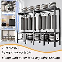 Vista 9 de Armario portátil plegable de 59.1 pulgadas para colgar ropa, perchero resistente con cubierta, percheros plegables de metal independientes, armario