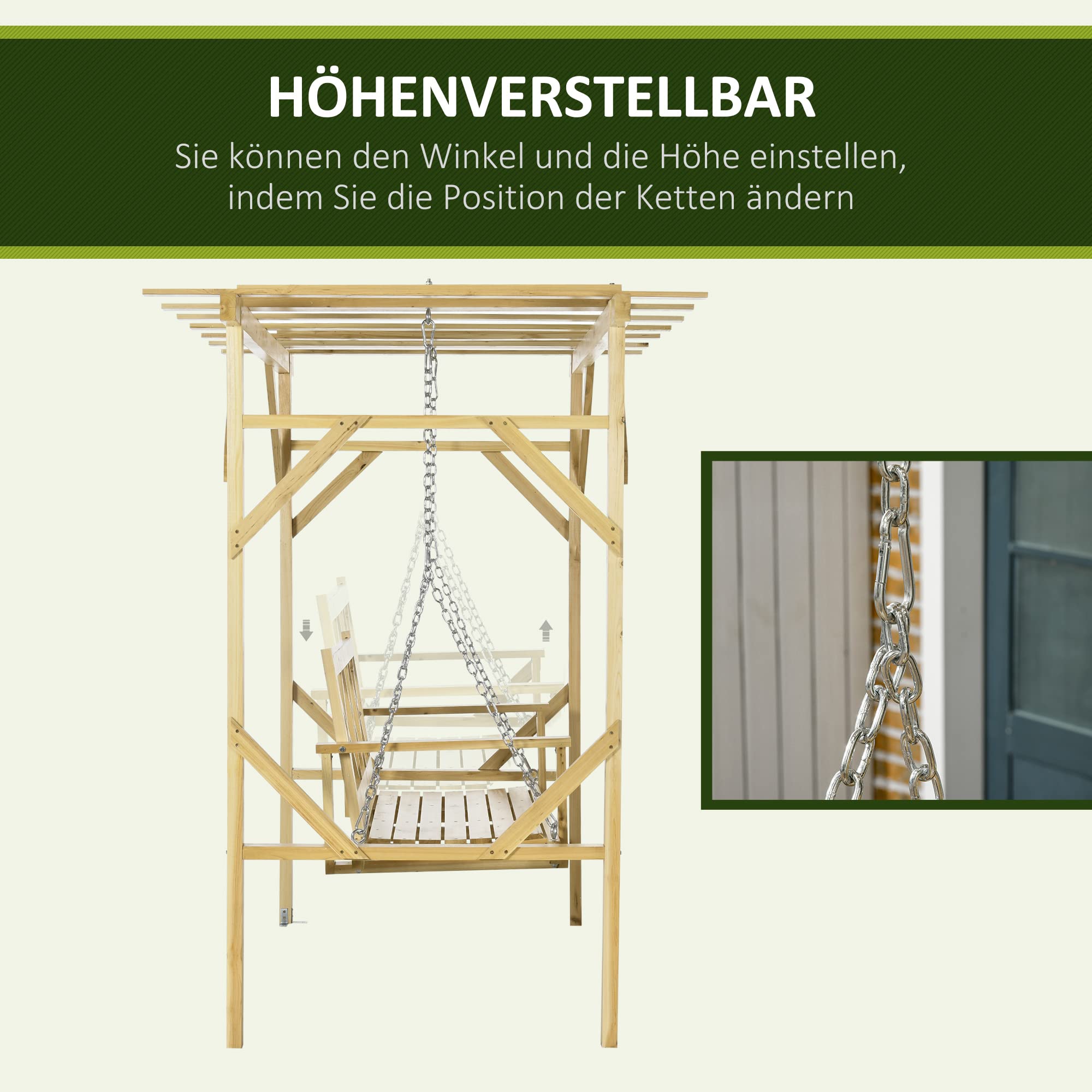 Columpio Outsunny Hollywood con pérgola, Columpio de jardín de 2 plazas, Banco Columpio Resistente a la Intemperie para jardín, balcón, Madera Maciza, Natural, 221 x 140 x 196 cm