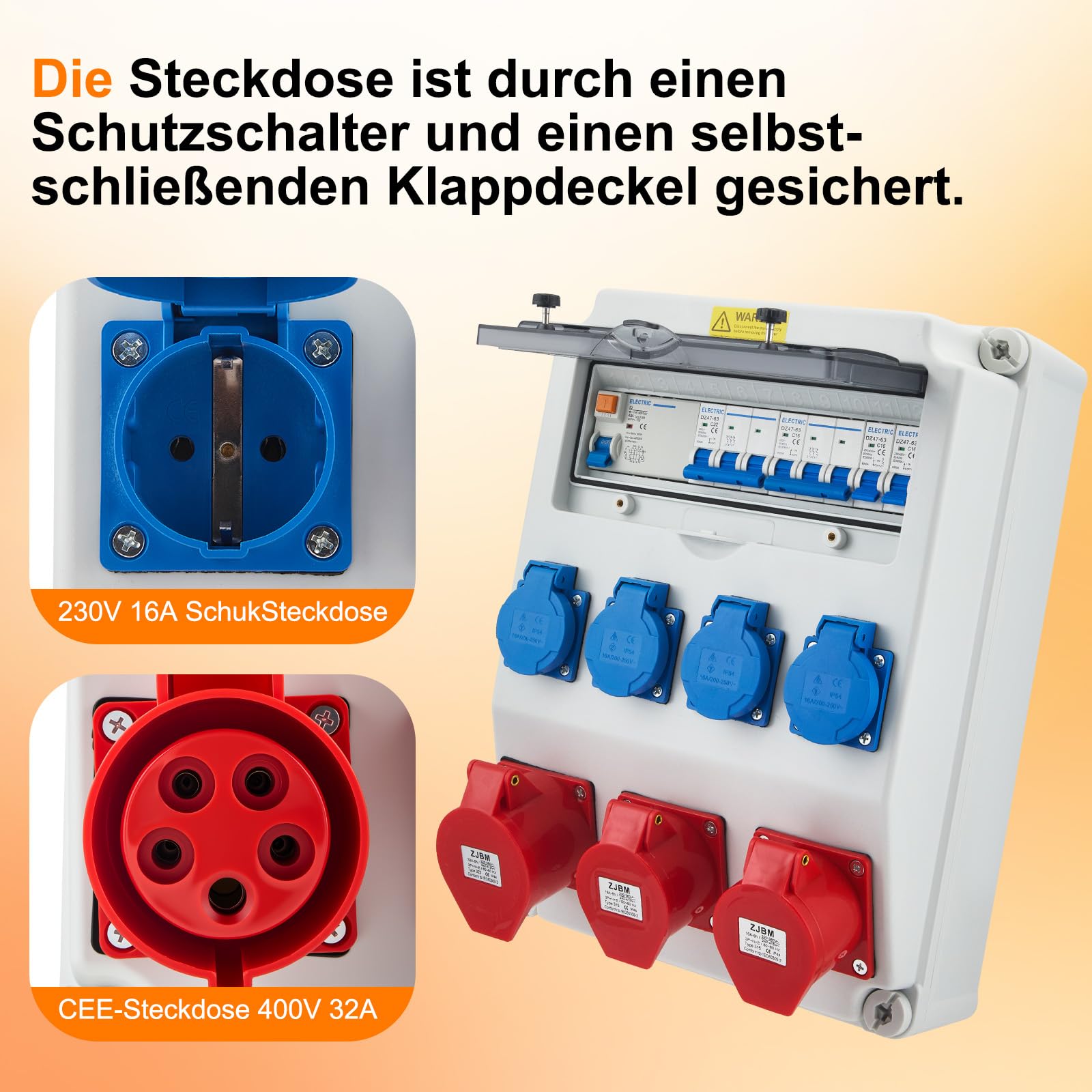 Distribuidor de corriente para construcción 32 A IP44 con protección FI/RCD y LS, 4 x Schuko, 2 x CEE 16 A + 1 x CEE 32 A, distribuidor de corriente industrial para exteriores y obras | carcasa