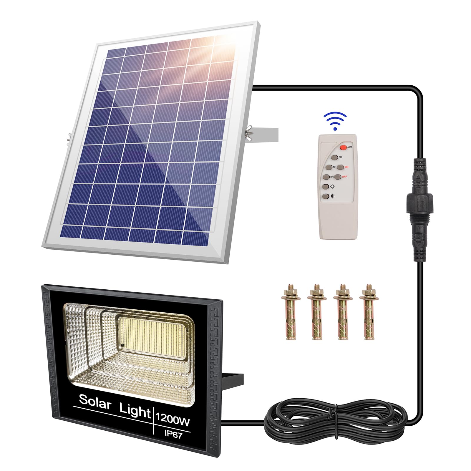 Solar Lights 1200W Outdoor, Solar Flood Lights Outdoor 10000 High Lumens, IP67 with Remote Control, 5 Modes Adjustable Brightness from Dusk to Dawn Dimmable 6500K Black (White Light)