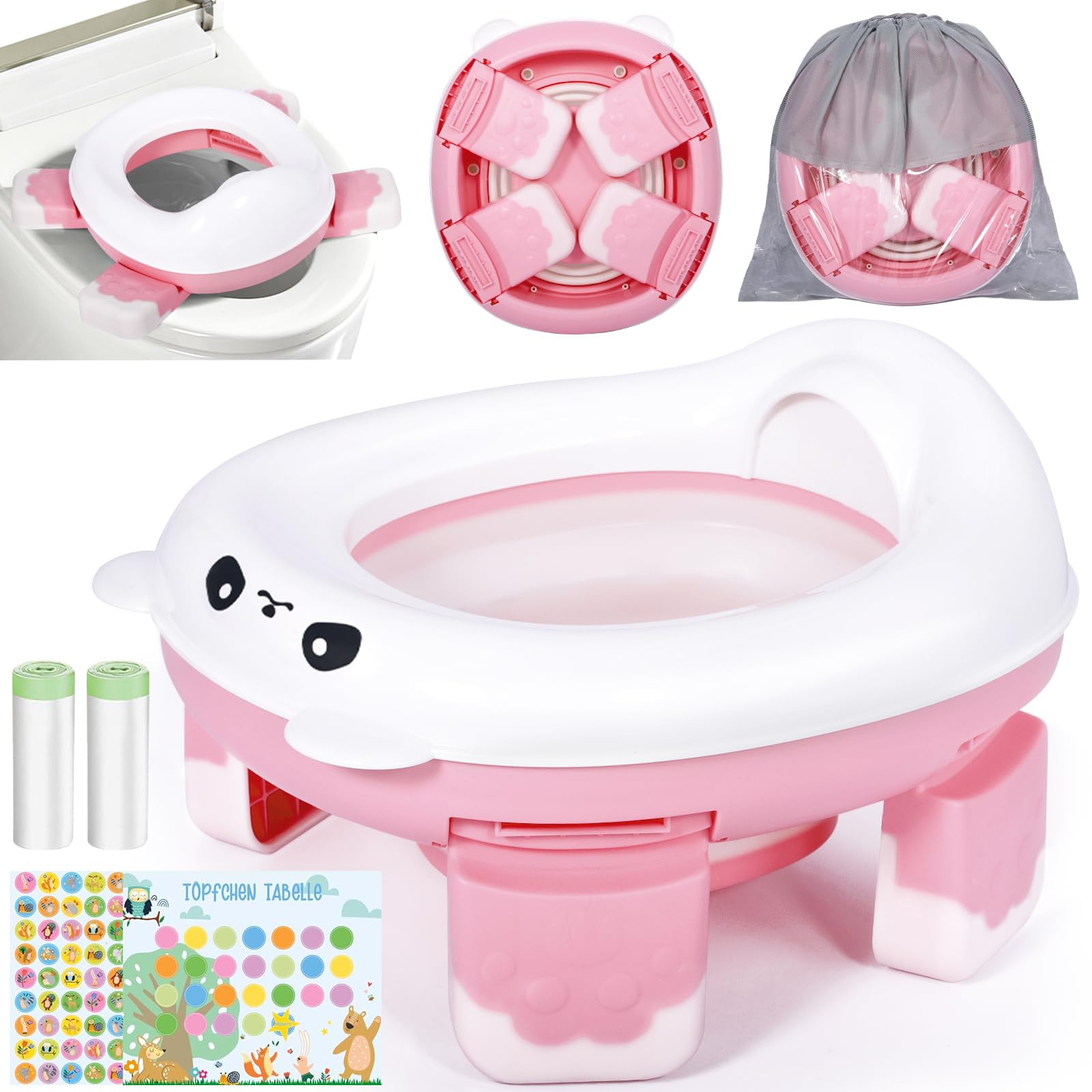 Vasino Portatile per Bambini da Viaggio, Wc Portatile Bambini, con 2 Rotolo Borsa per Vasino, 2 Adesivi di Ricompensa, Borsa di Stoccaggio, Water Portatile Bambini, Rosa