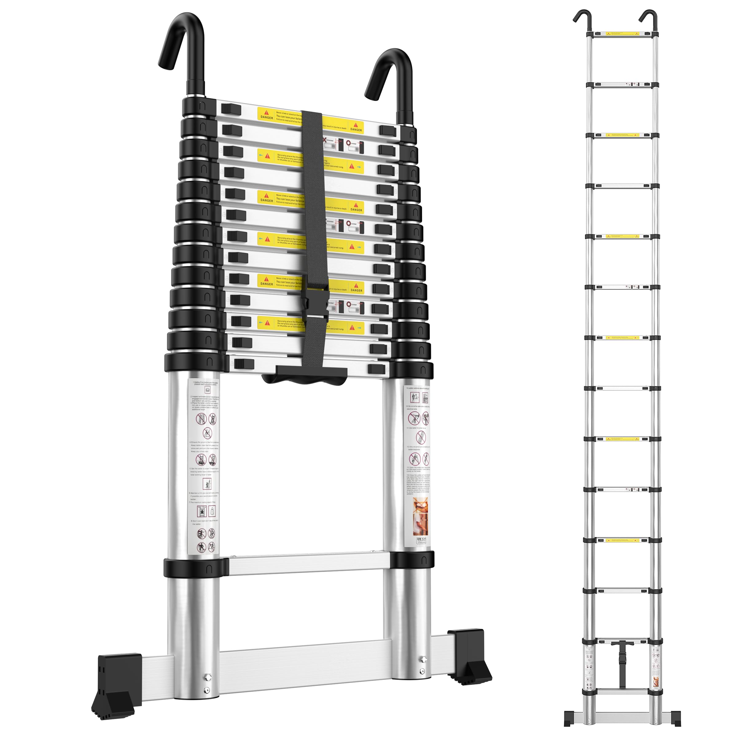 Telescopic Ladder 4.1M Aluminium Extension Extendable Loft Ladder with Stabilizer Bar and Detachable Hooks for Roof Loft Caravans RV