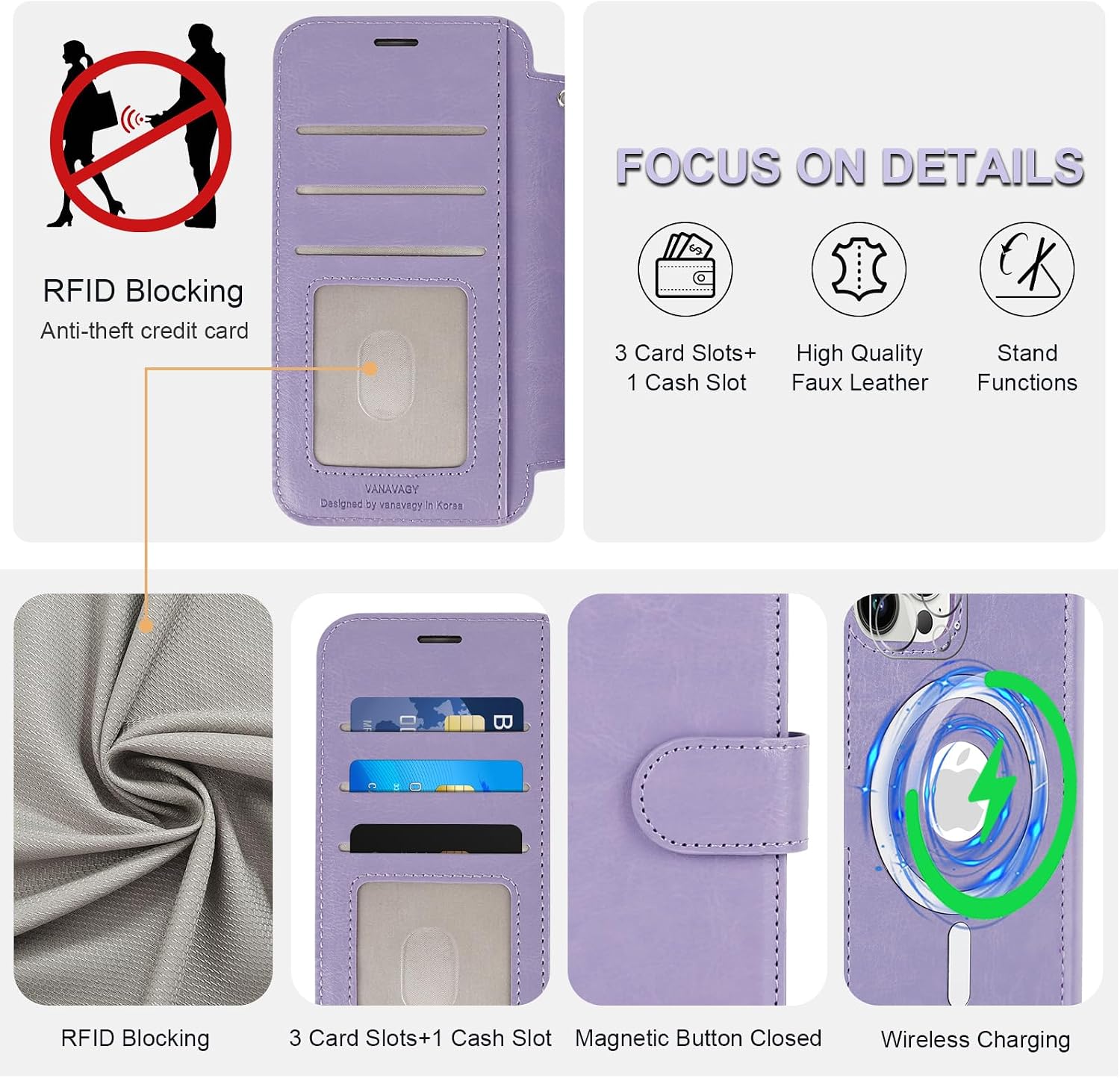 VANAVAGY Compatible for iPhone 13 Pro Max Wallet Case for Magsafe Wireless Charging, PU Leather Flip Folio Phone Case with Wrist Strap RFID Blocking Card Holder Screen Protector,Clove Purple