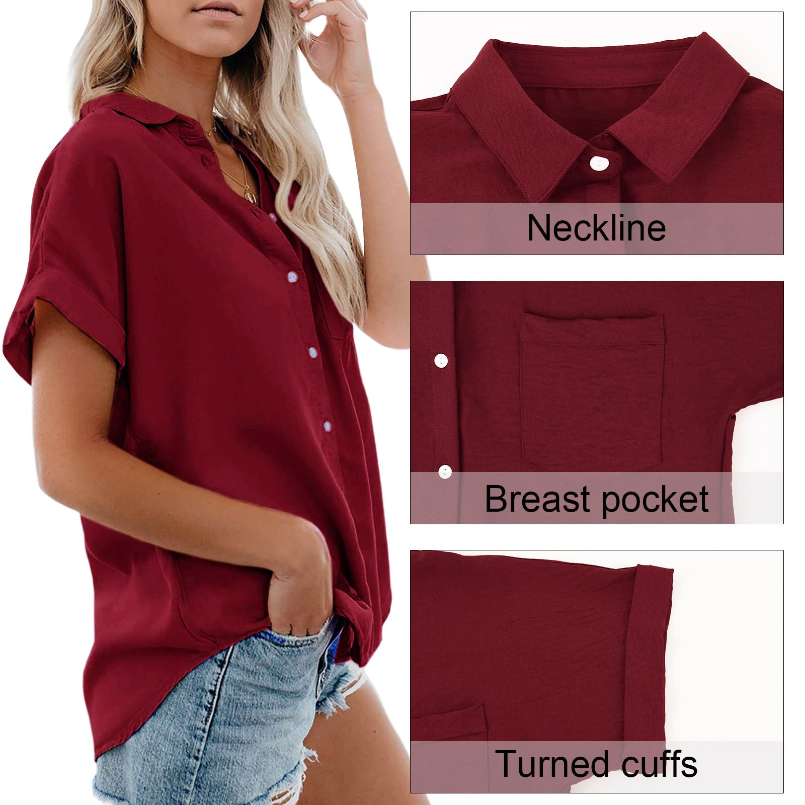 Xnova Chemisier Femme Manches Courtes Col V Chemise T-Shirt Été Couleur Unie Élégant en Mousseline Boutons avec Poche Casual Chic Short-Sleeve Blouse Tops