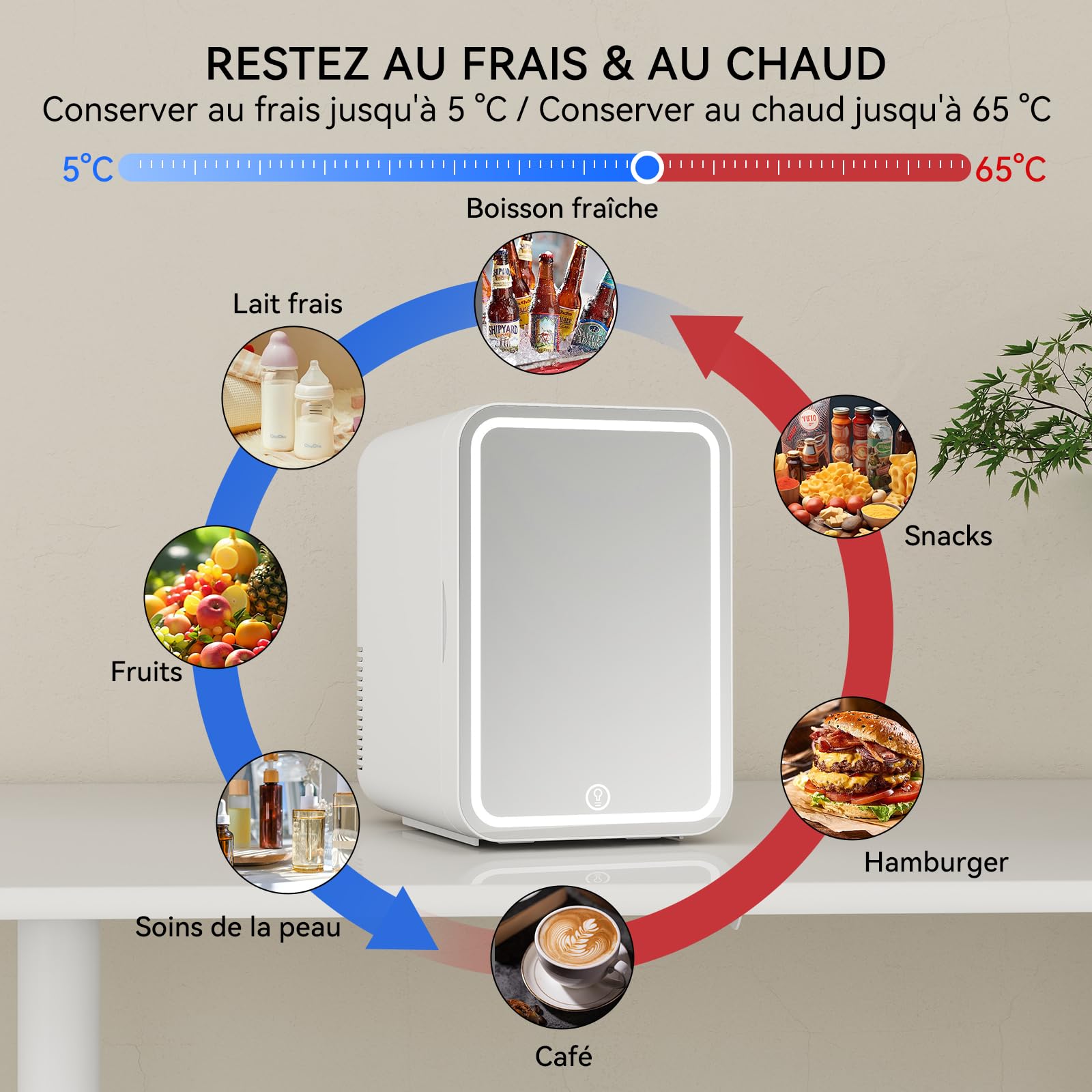YU YUSING Mini Frigo Cosmetique 8L avec Miroir LED, Mini Réfrigérateurs Portable, Petit Frigo de Chambre 12V/220V avec Fonction Chaud/Froid, Miroir de Maquillage Led pour voitures, Blanc