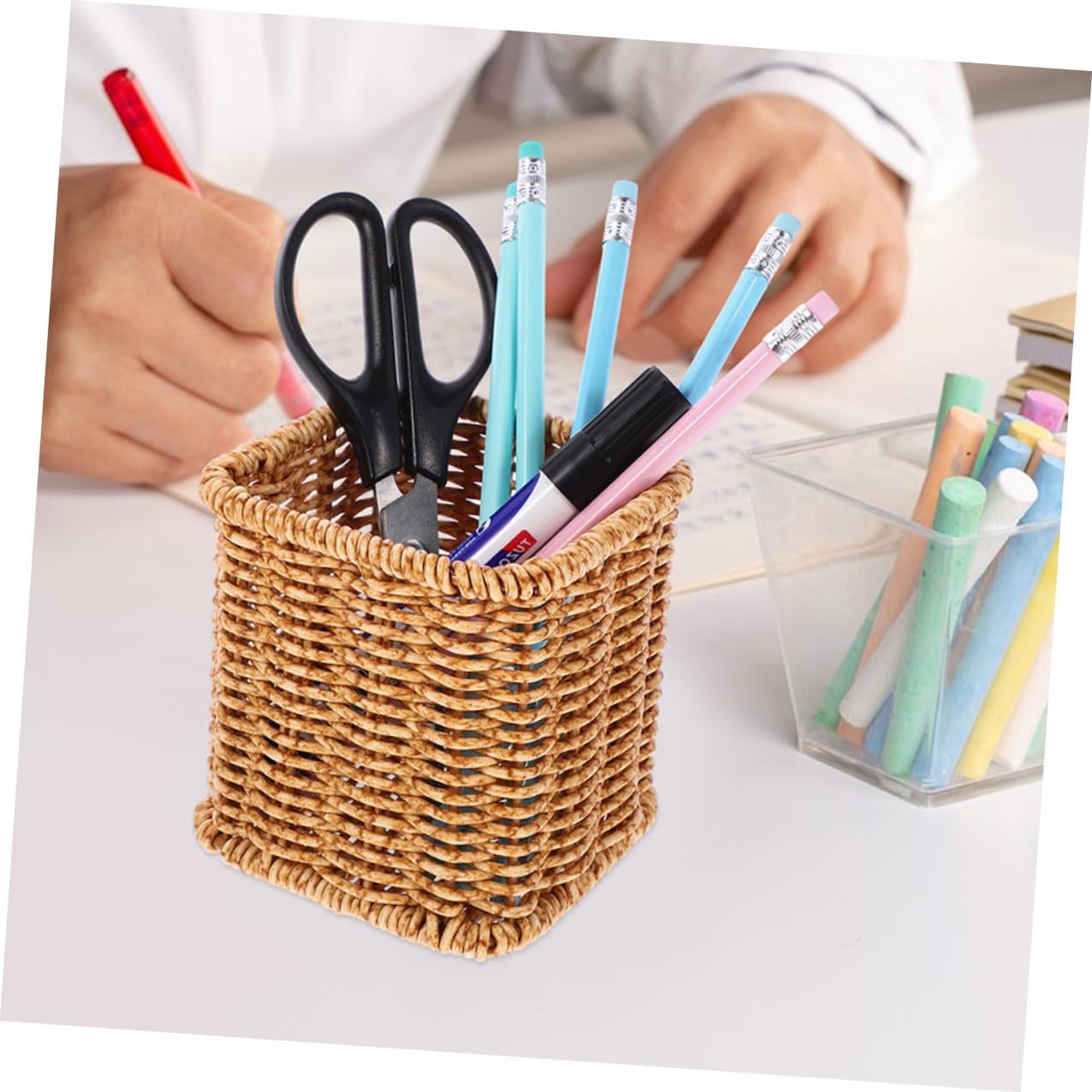 Zerodeko 2 Pcs Rattan Style Plastic Pencil Holder Basket for Desk image 5