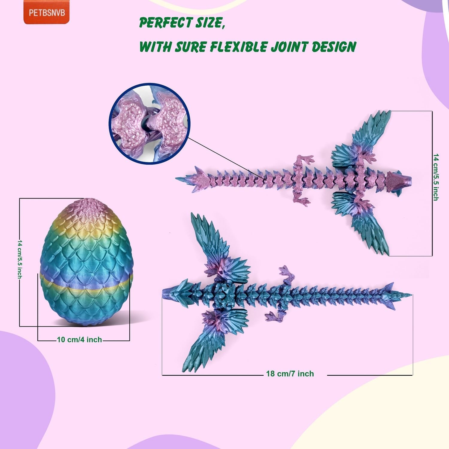 3D Printed Dragon with Wings in Egg, Easter Basket Stuffers, Crystal Dragon Surprise in Eggs, Articulated Dragon, Dragon Fidget Toy, Home Office Decor Executive Desk Toy (Laser Purple)