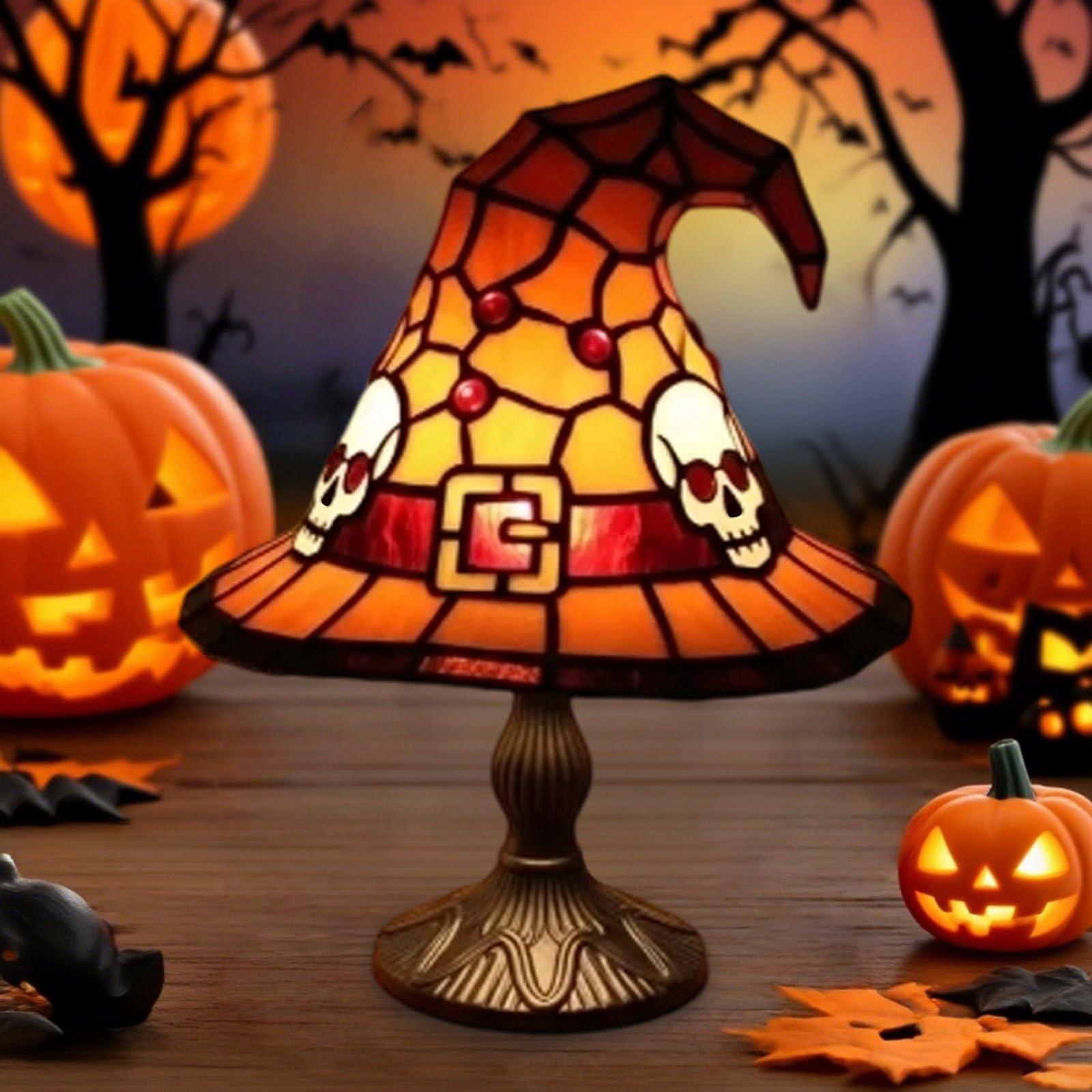 Witches Hat Lamp, Halloween Lamp Stained Glass, Gothic Small Halloween Decorations for Bedroom Living Room Home Decor USB
