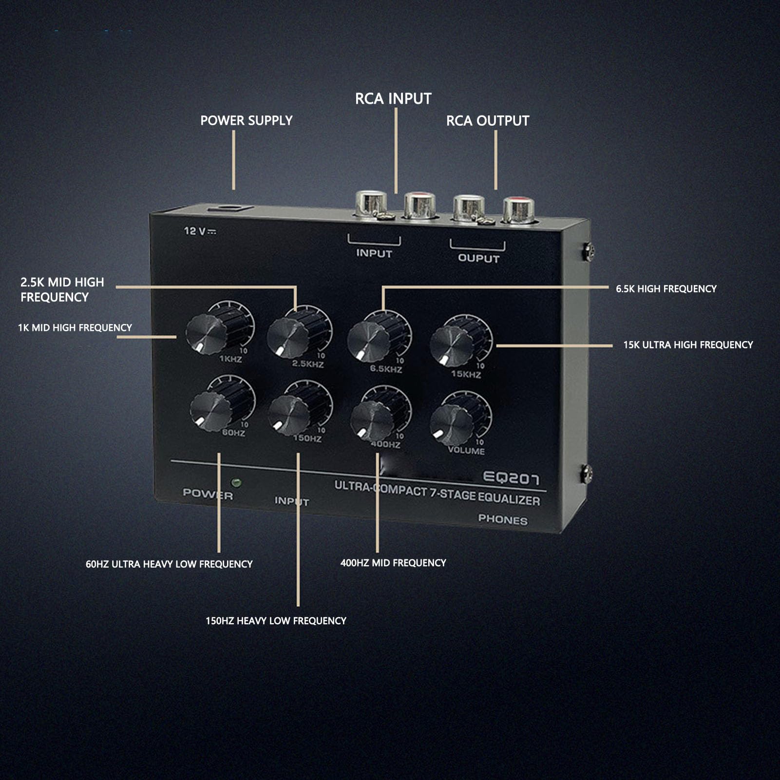 Topiky 7-Band-Sound-Equalizer, 2-Kanal-Digital-Sound-Equalizer mit 3,5-mm-Kopfhöreranschluss, für die Höhen- und Bassanpassung Im Heimauto (EU)