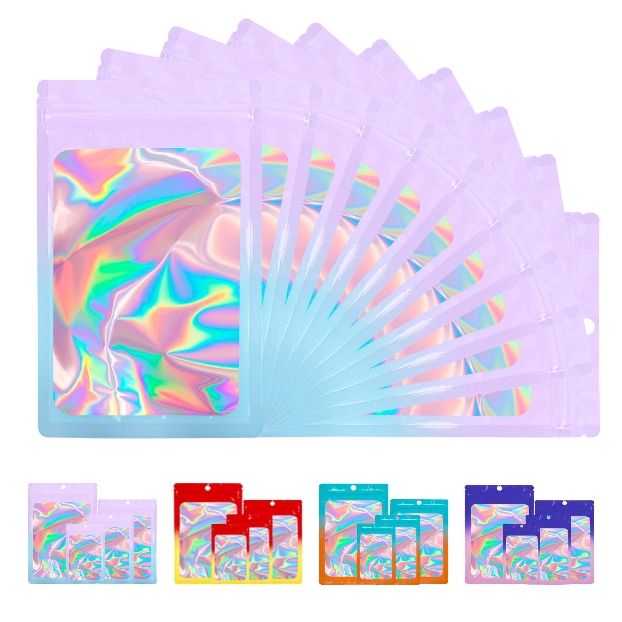 EIOFG Packaging Holographic Mylar Bags with Clear Window 2.4 * 3.9", 100 PCS Party Favor Bags, Resealable Smell Proof Bags, Candy, Food Packaging Bag,