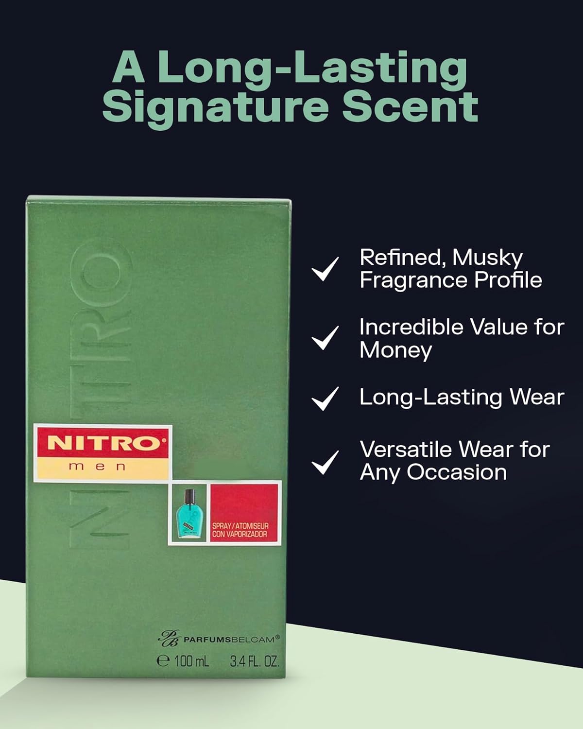 PB ParfumsBelcam Nitro Eau De Toilette Spray for Men – Affordable, Long-Lasting Woody Cologne with Fresh Apple, Mint, Pine & Sandalwood – Masculine Fragrance for Men, All-Day Use – 3.4 Fl Oz