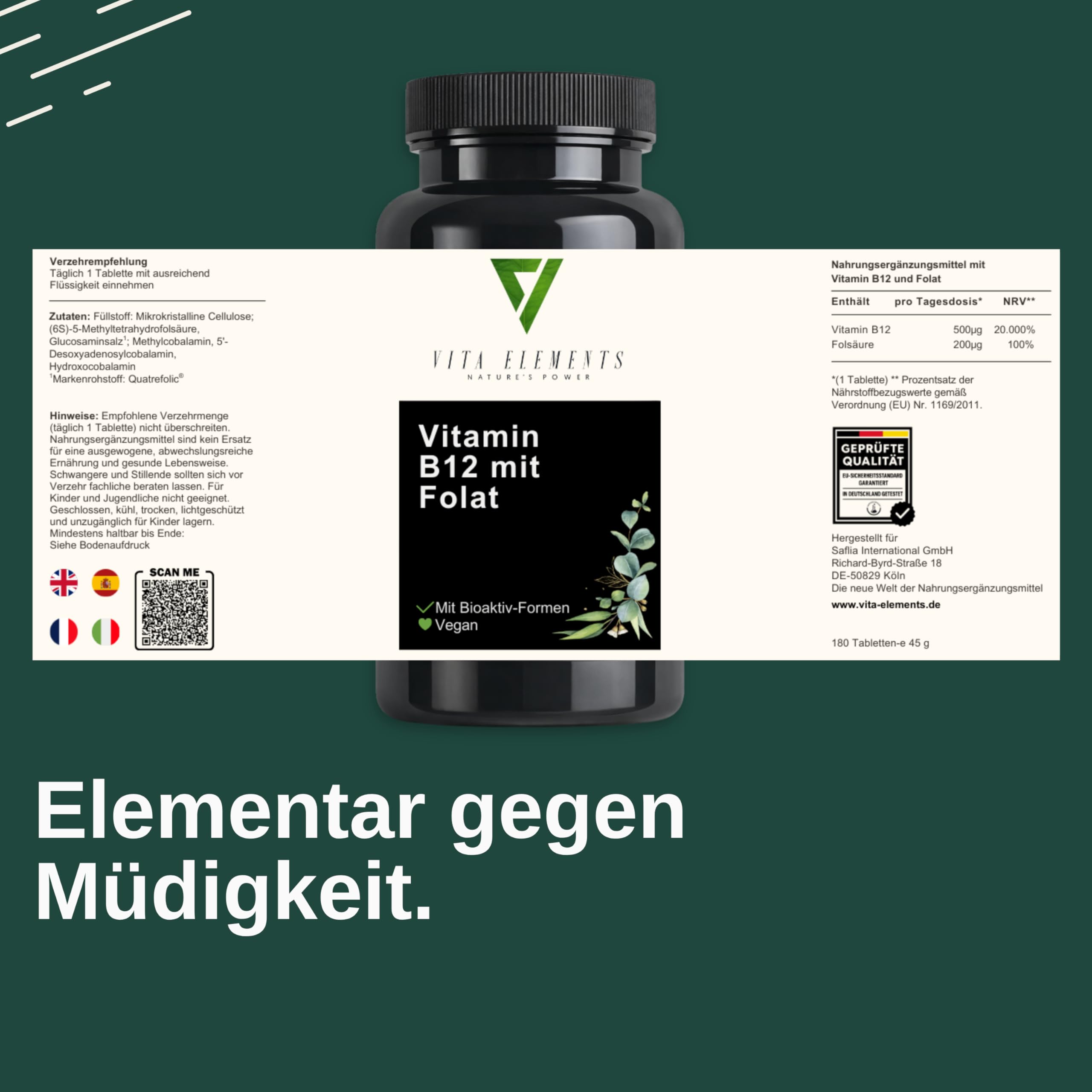 Vita Elements Vitamin B12 mit Folsäure - 180 Tabletten - Hochdosiert - Methylcobalamin - 6 Monate Vorrat - Vegan - Ohne Zusätze – Laborgeprüft