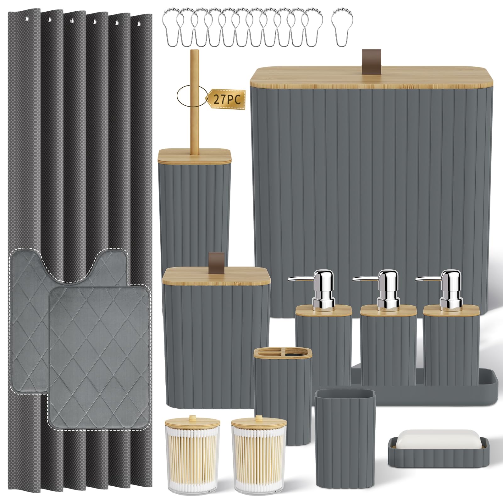 Bathroom Accessory Set - Grey Bathroom Set, 27PC Bathroom Accessories Set, Bathroom Sets with Shower Curtain and Rugs, Mini Trash Can, Toilet Brush, Trash Can & Soap Dispenser