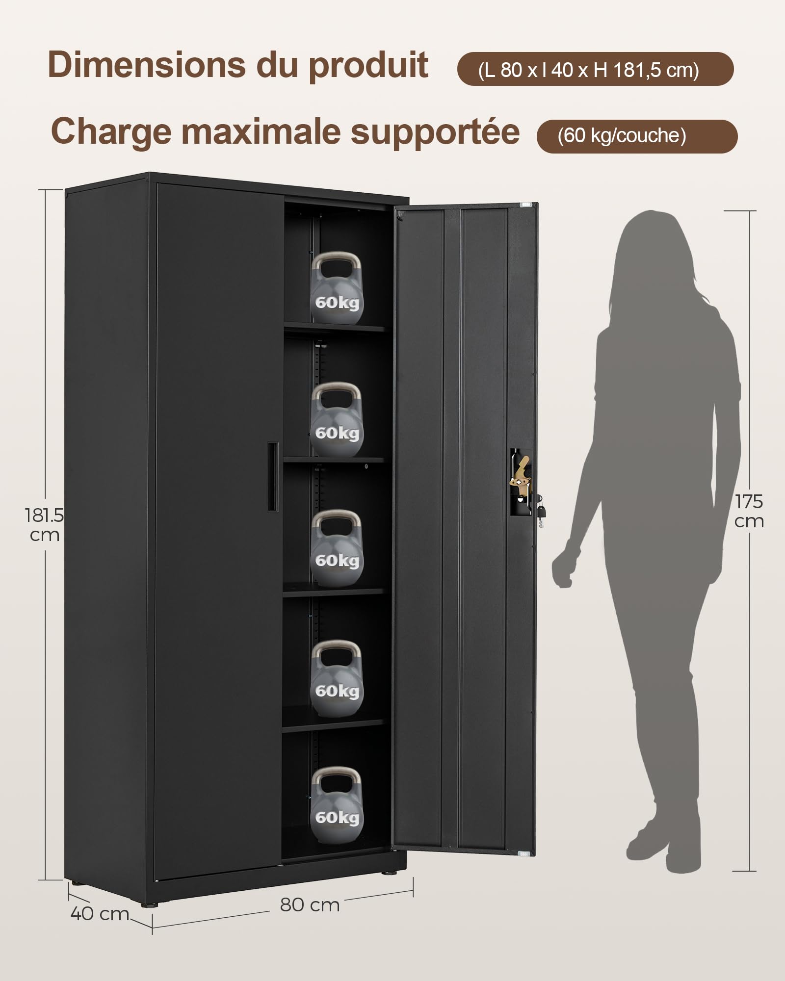 LAND·VOI Armoire en Acier 5 Niveaux avec Serrure Étagères Réglables Portes Battantes Armoire de Bureau Rangement Métallique pour Bureau Garage Cuisine Atelier 80×40×181.5 cm Noir