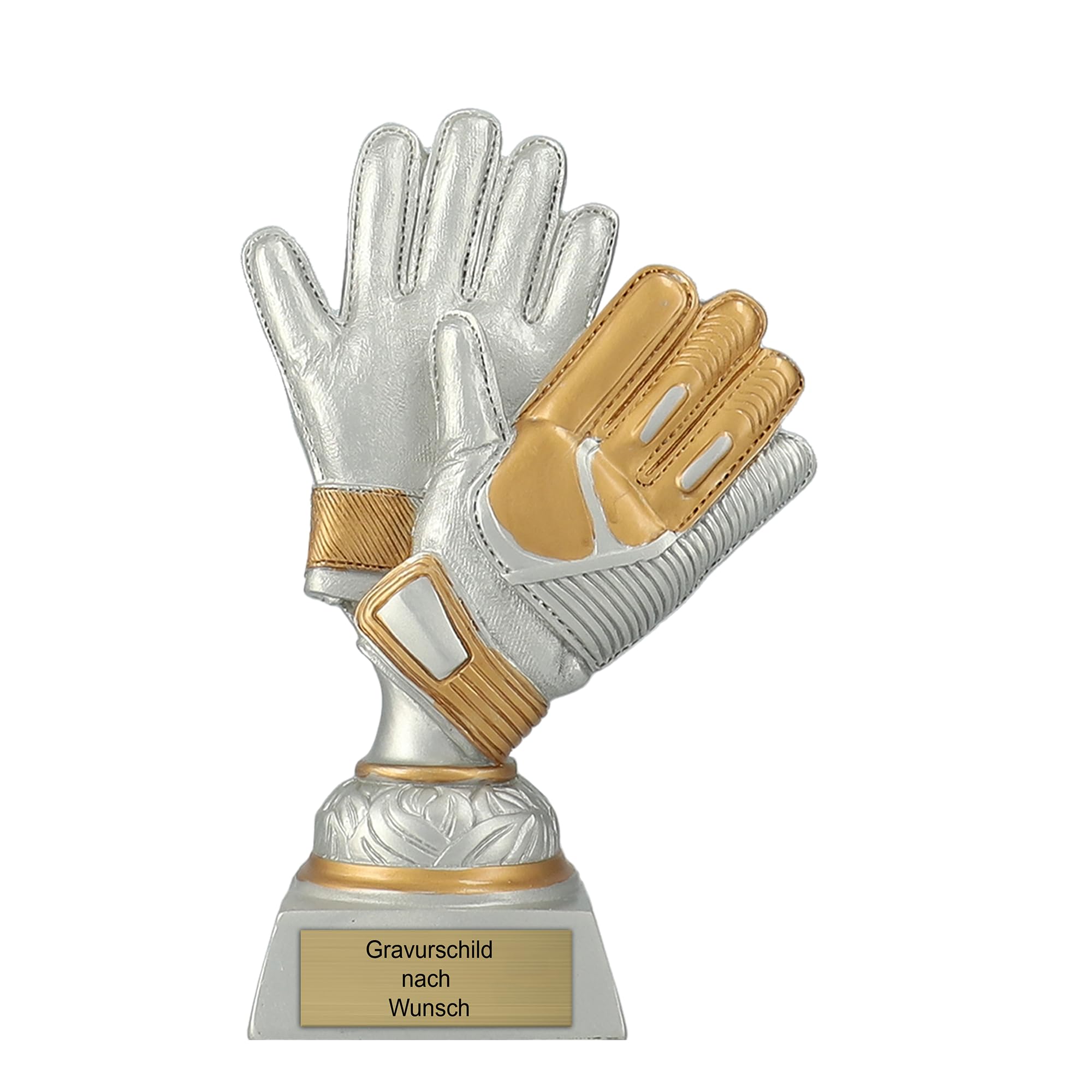 Pokal-Fabrik - Torwart-Handschuhe Fussball Pokal mit Gravur Wunschtext - Gold/Silber Trophäe 17 cm – personalisierte Auszeichnung für Fußball WM, Sport Events & Wanderpokal