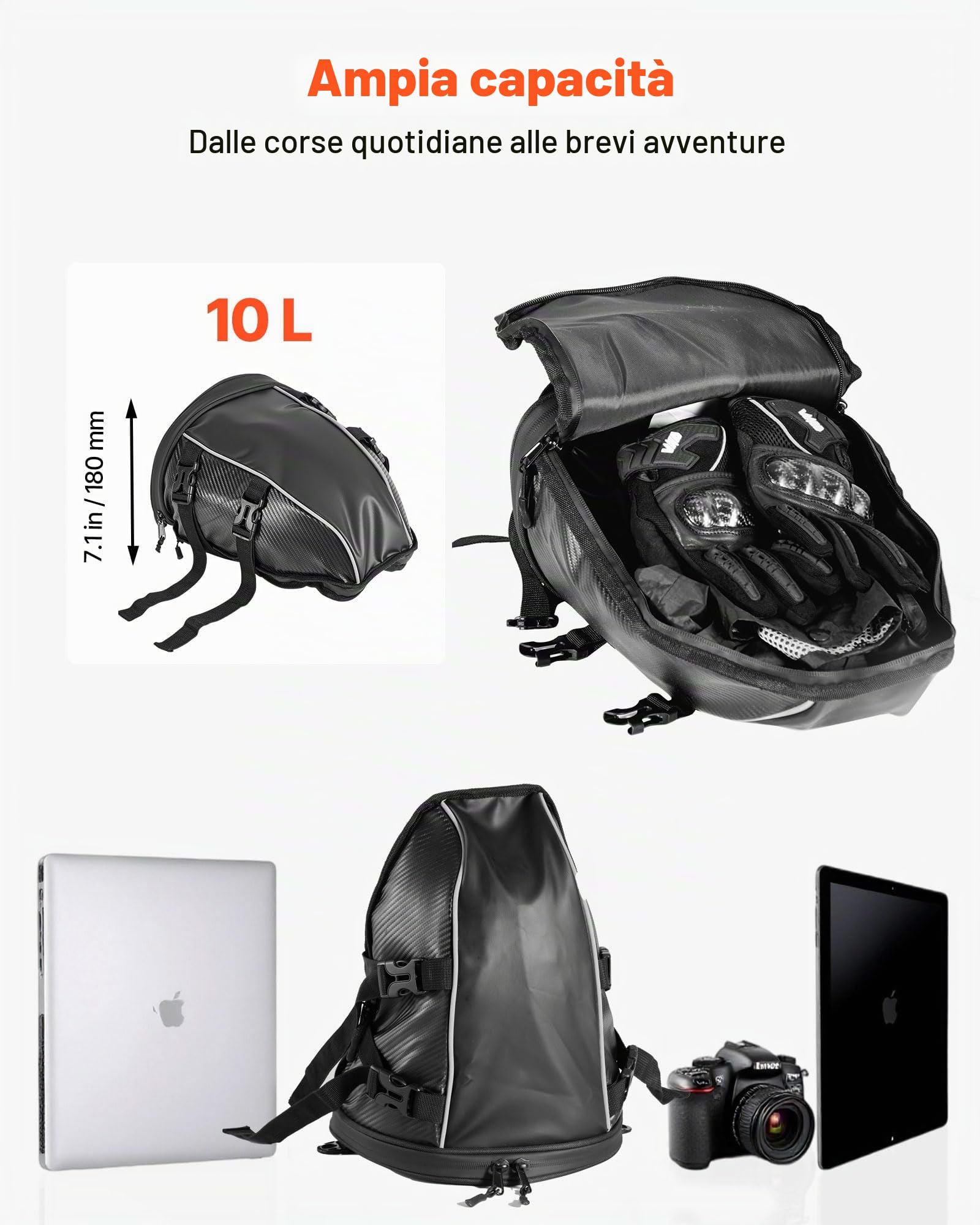 VEVOR Borsa Posteriore per Moto, Espandibile 10 L, Impermeabile, Antipioggia, Zaino, Tracolle, Tasca, Nero