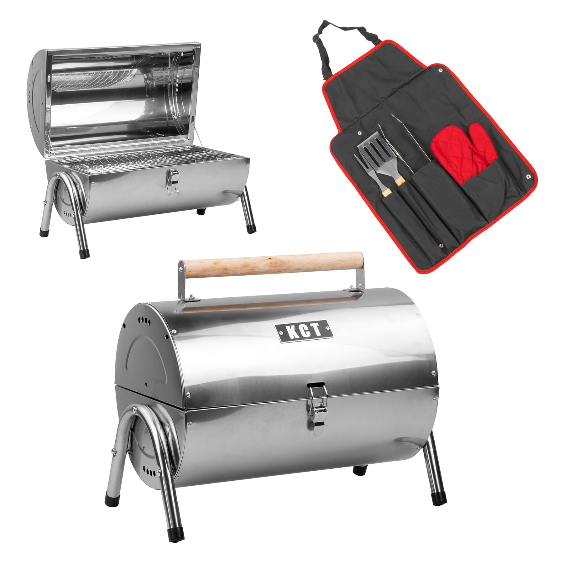 Kct Portable Stainless Steel Barrel Bbq And Tool Kit Charcoal Travel Drum Lightweight Garden Barbecue Tabletop Cooking Grill Picnic Festival Camping