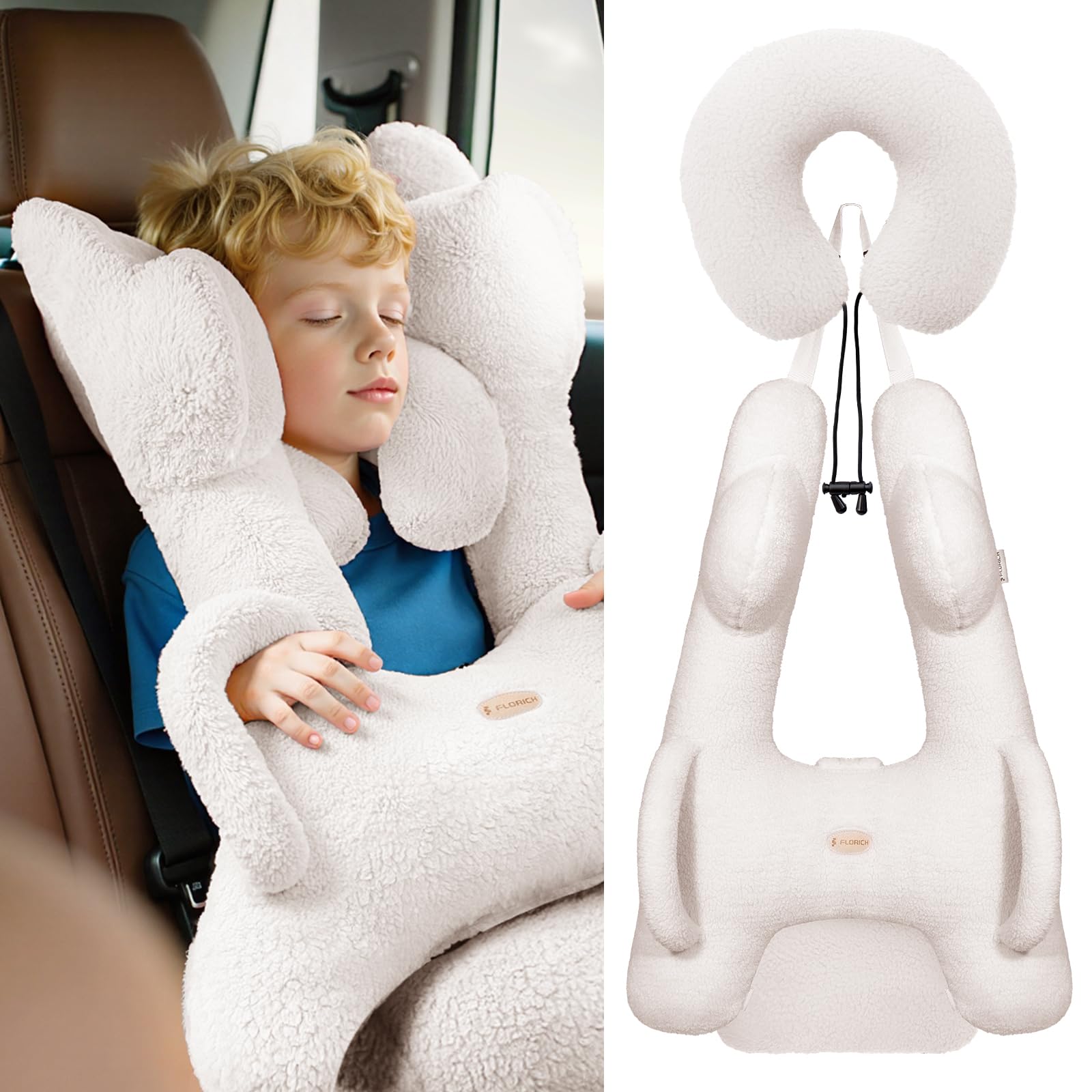 FLORICH Kids Travel Pillow, Car Sleeping Travel Pillow for Kids, Removable H-Shaped Pillow for Adults and Children to Support Head and Body Road Trips with Neck Pillow and Blanket (Light White)