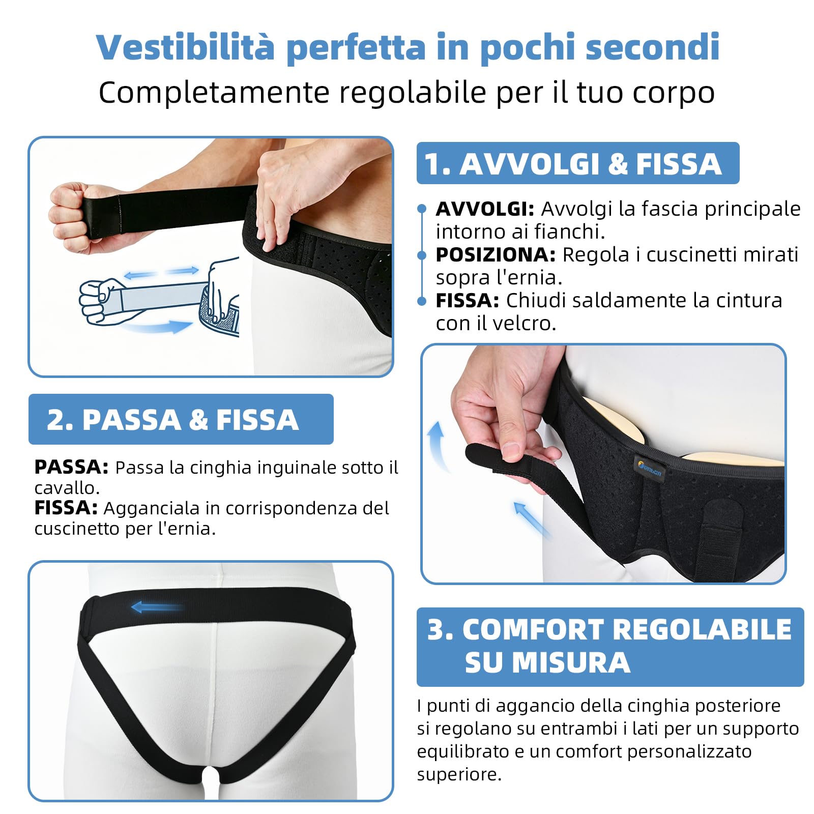 Tenbon Cintura per ernia per uomini e donne Cintura per ernia regolabile flessibile Supporto per ernia Sollievo dal dolore con 2 cuscinetti di compressione rimovibili (L)