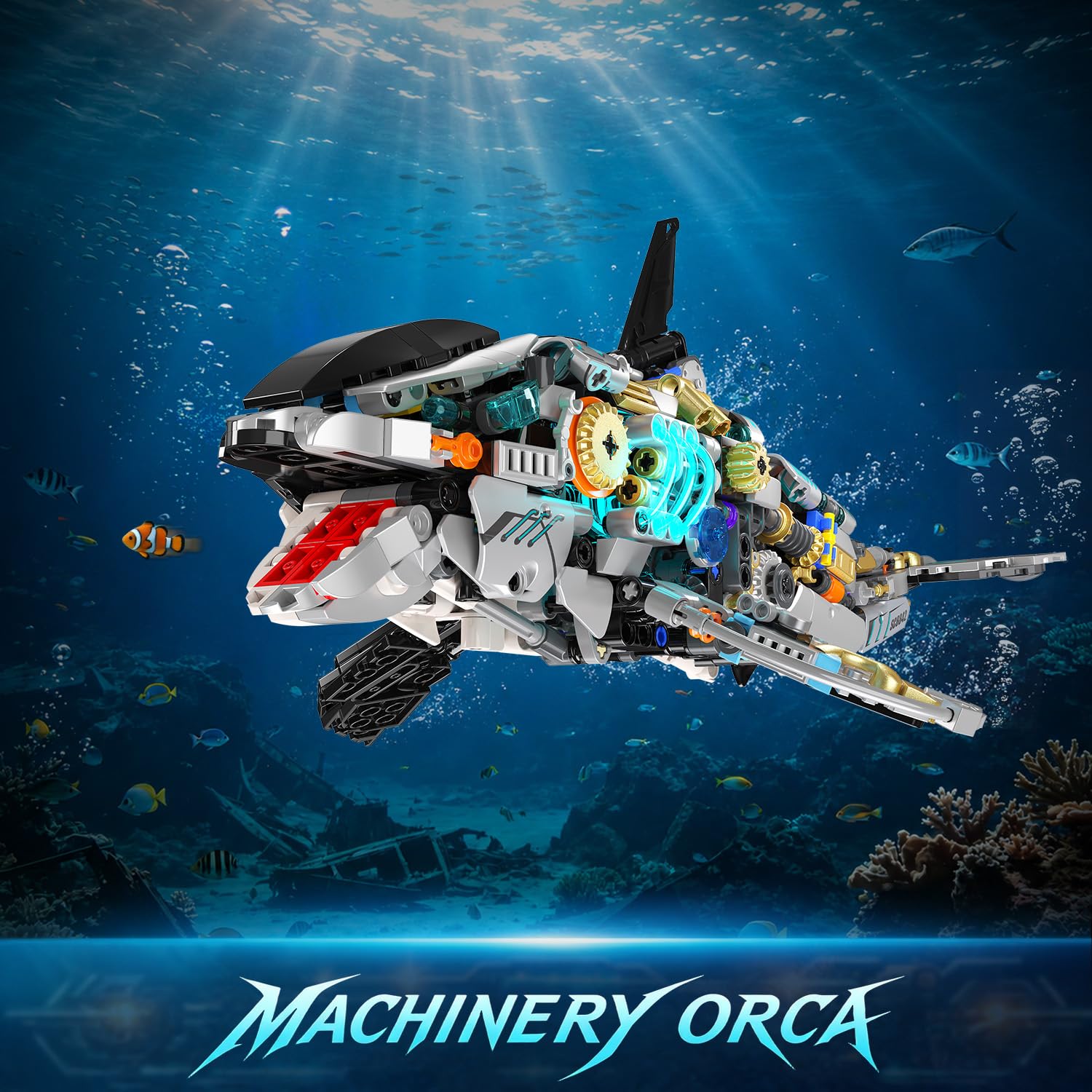 INSOON Orca Meccanica Set di Costruzione STEM per Bambini 12+ | Kit costruzione orca con meccanismo a manovella, gioco marino STEM, regalo di compleanno e Natale per bambini e adulti