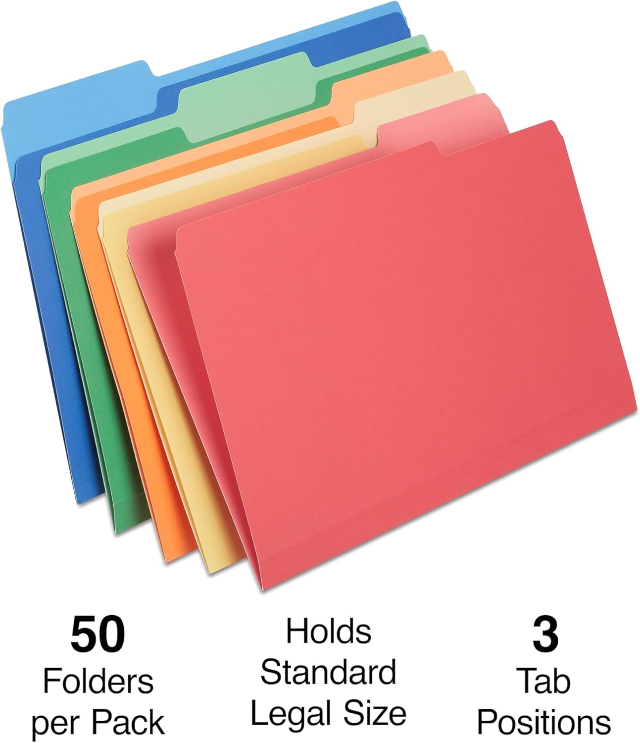 Staples Heavyweight File Folders, Legal Size, 1/3‑Cut Tabs, Assorted Colors, Heavy‑Duty Paper Stock, 100/Carton