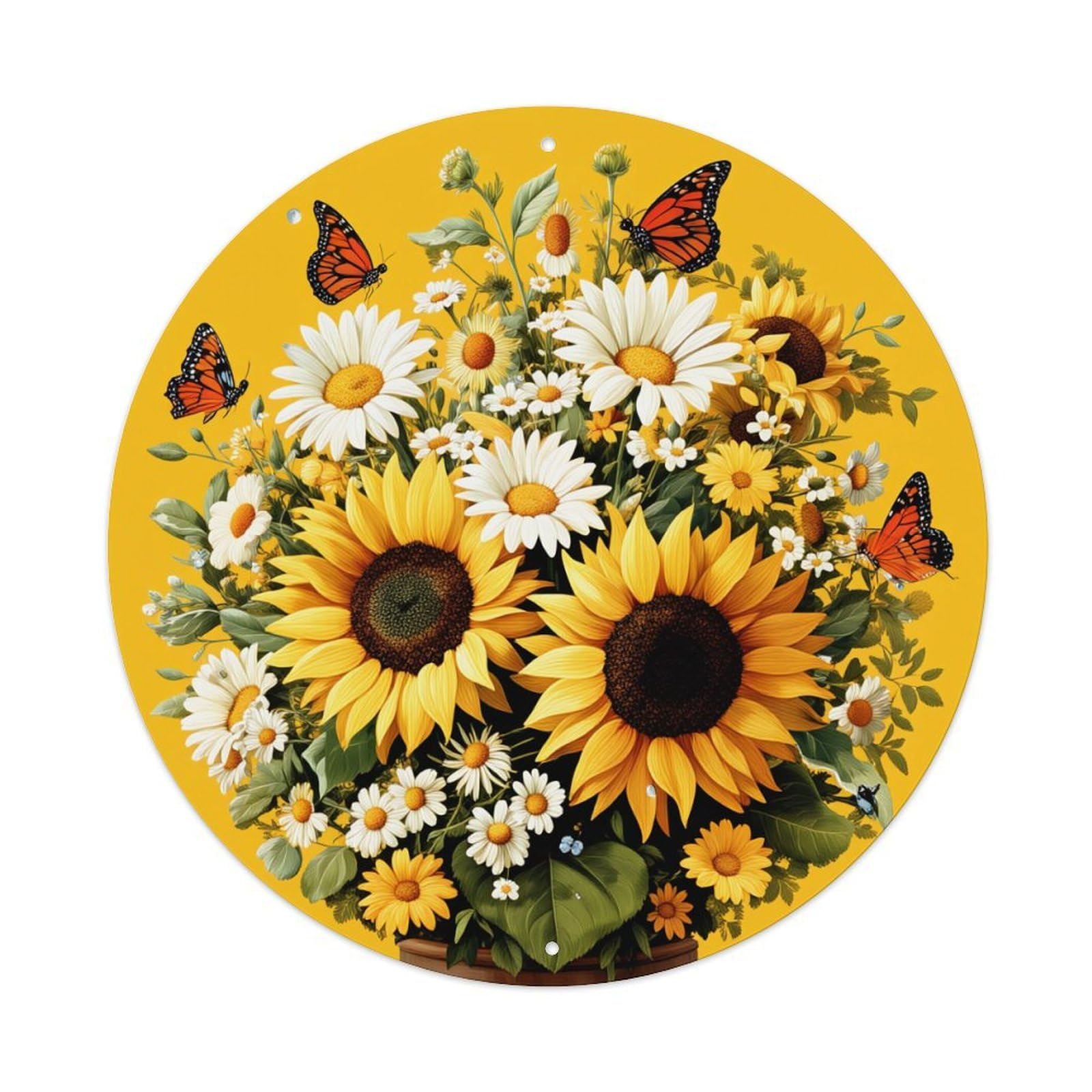 Sunflower Daisy Butterfly Garden Floral_1 Round Tin Sign Retro Metal Sign for Cafe Bar Pub Home Game Room Gym Club Wall Decoration Vintage Metal Poster 8x8 Inch