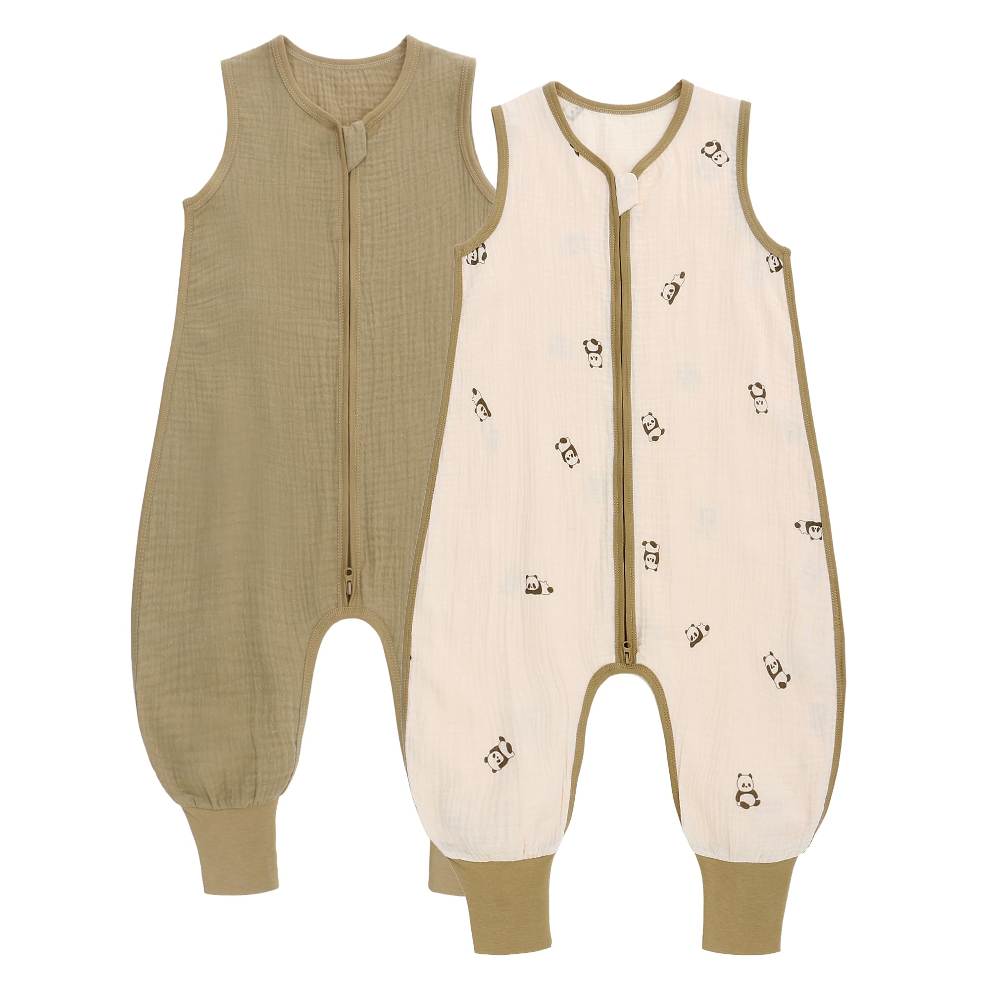 amo nenes 2er Pack Baby Schlafsack Sommer mit Füßen 0.5 Tog Sommerschlafsack 100% Baumwolle Musselin Atmungsaktiv für Jungen und Mädchen, Panda, 2-4 Jahre