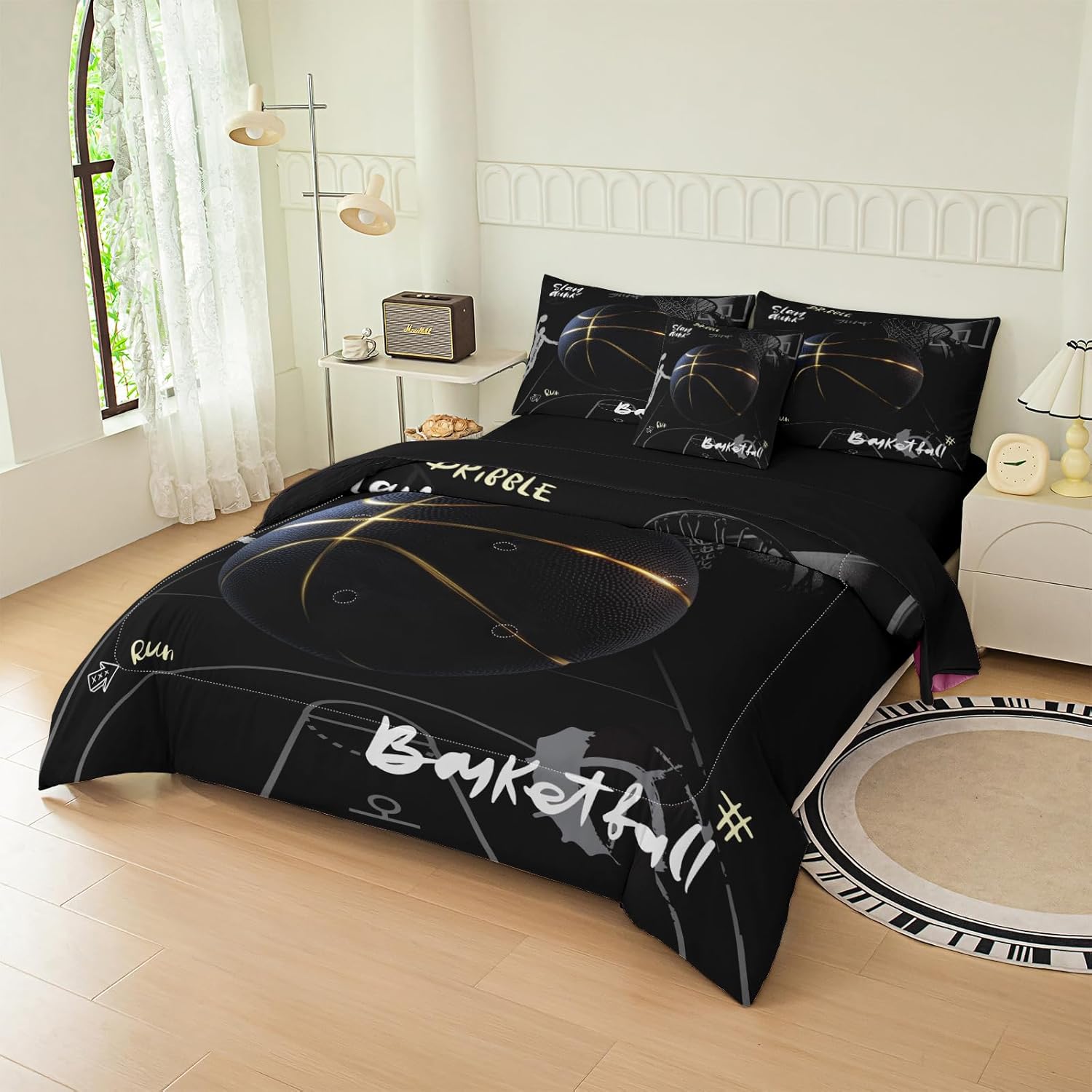 6pc Basketball Bedding Set for Boys,Full Size Comforter Sets for Teen,Kids Comforter Set with 1 Quilt+1 Flat Sheet+1 Fitted Sheet+2 Pillowcases+1 Cushion Cover(Basketball Full)