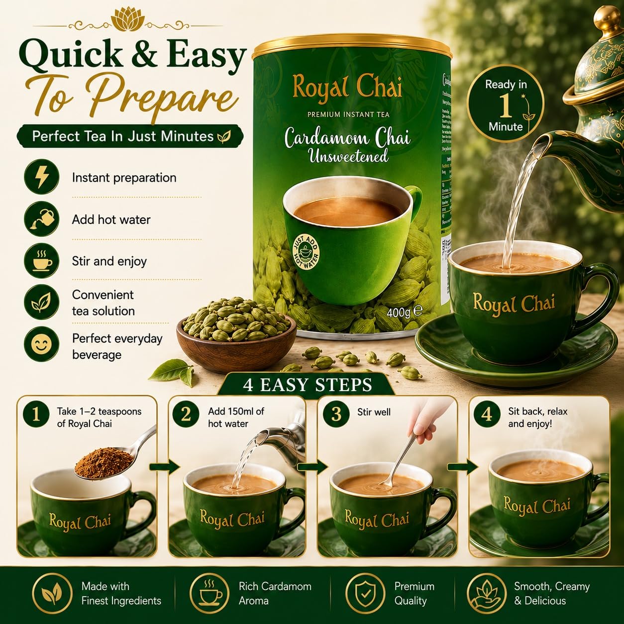 Royal Chai Elaichi ungesüßte Dose 400g (6 Stück) - Premium Instanttee - Kardamom Tee - Natürlich - Sofortkardamom Indianer Tee