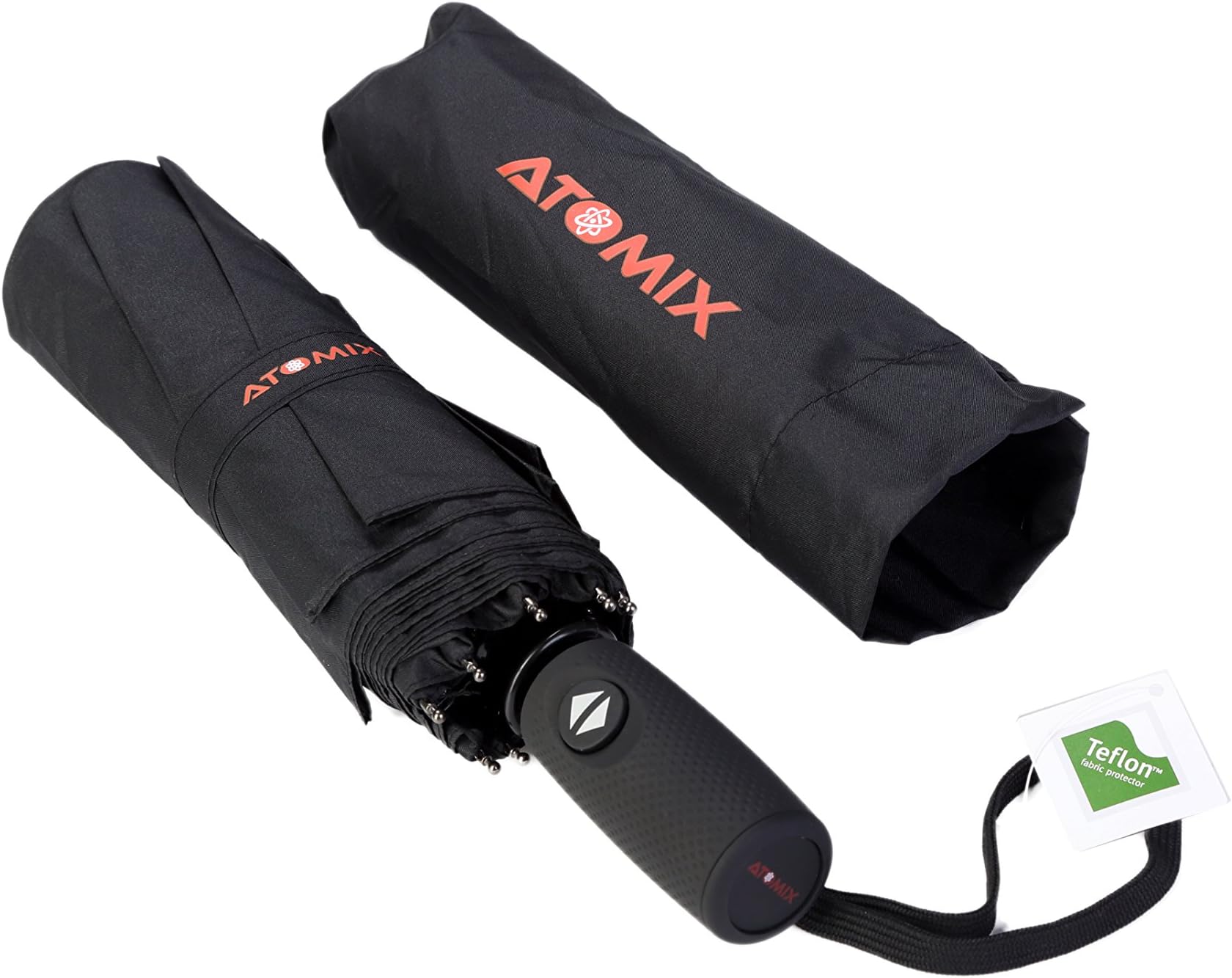 ATOMIX Compact Windproof Travel Umbrella - Dupont Teflon Fast Drying Technology - Reinforced Folding Frame with 9 Unbreakable Fiberglass Ribs - Auto Open/Close - Slip-Proof Handle for Easy Carry/Usage