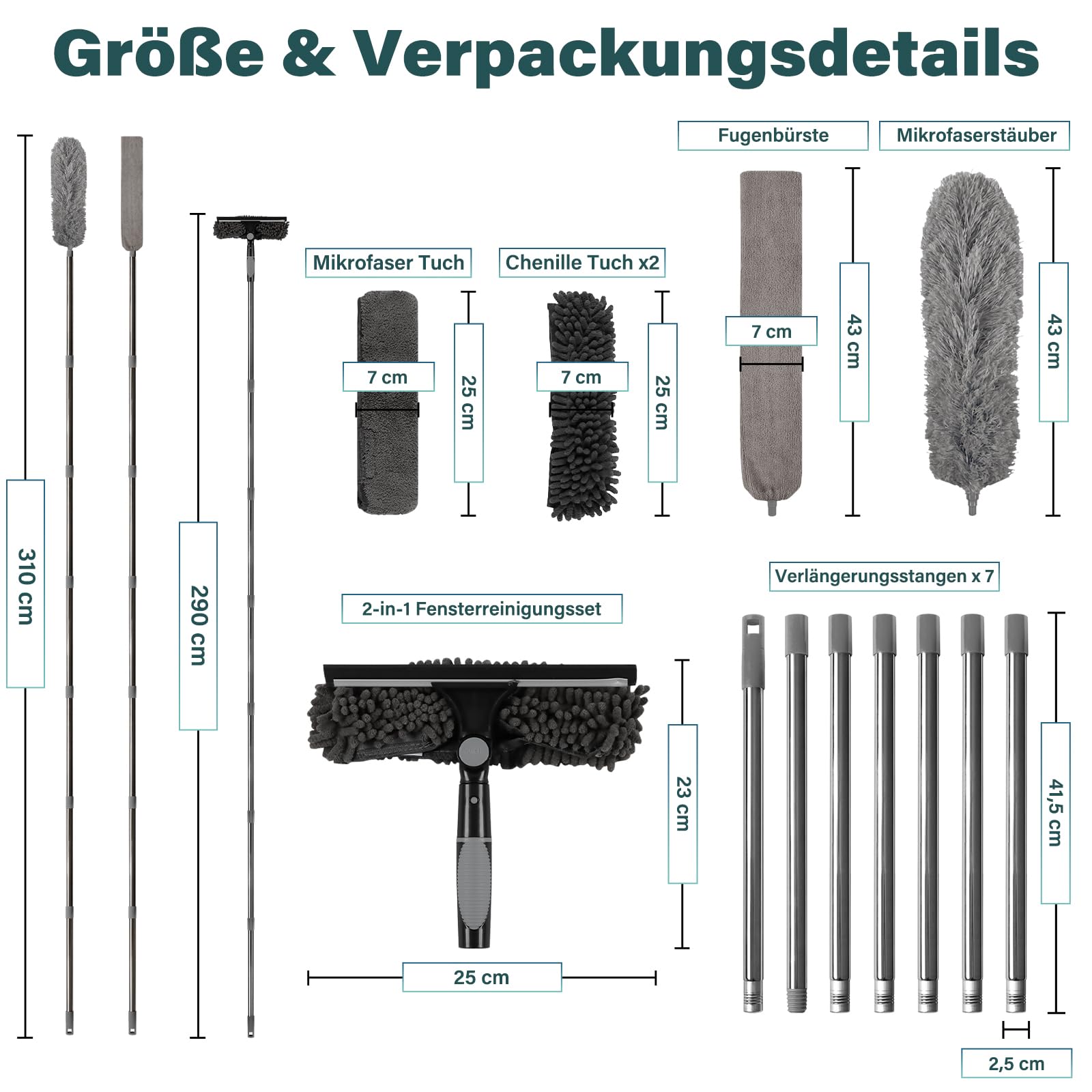 marysgift 2,9 M Teleskop Fensterwischer Abzieher Set, Staubwedel Teleskop,2 in 1 Teleskopstange Fensterreinigung für Bad, Fenster, Glas, Spiegel, Auto,Staubwedel Lang Ausziehbar für hohe Decken (Grau)