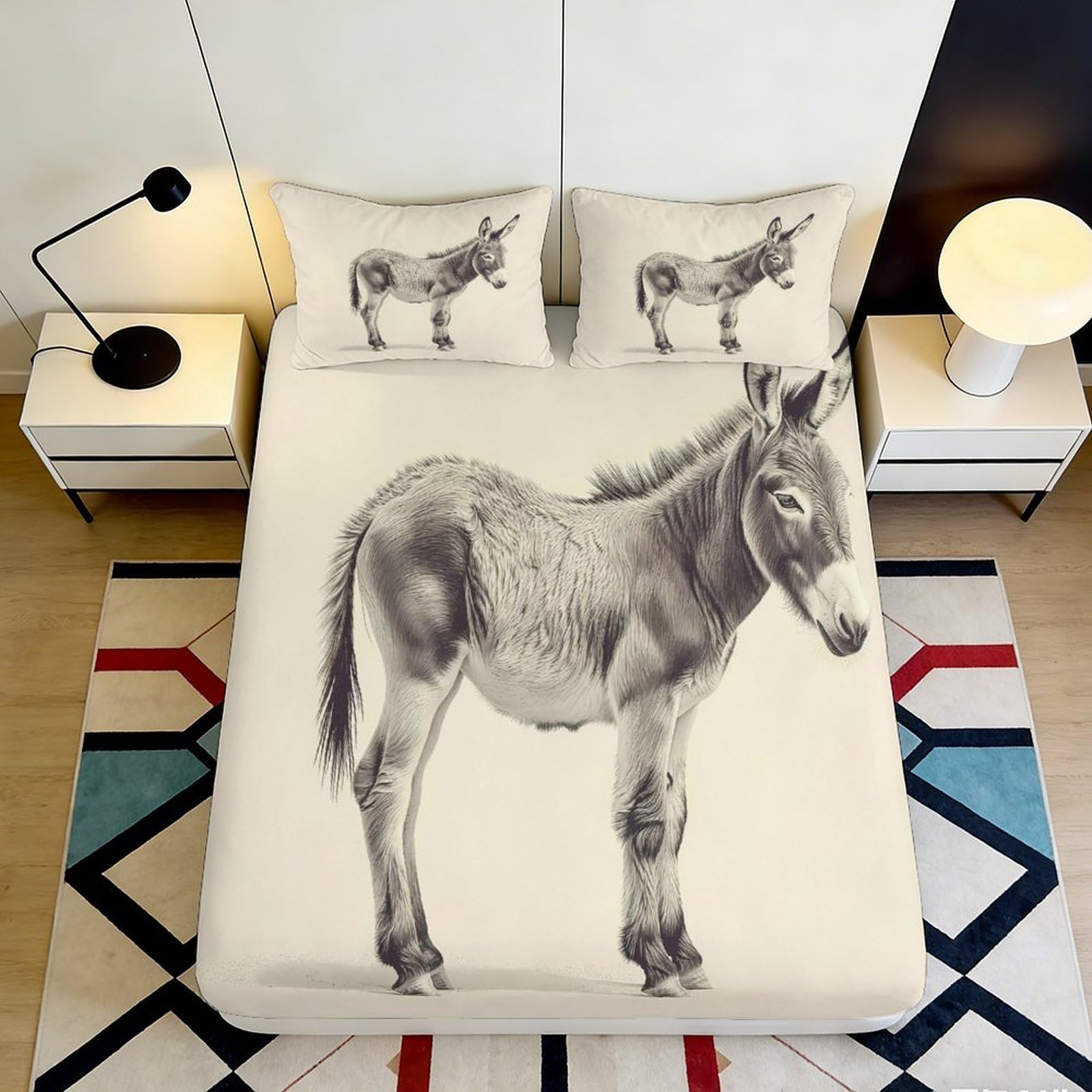 3D Printed Realistic Donkey Fitted Sheet Microfiber Soft Animal Sketch Mattress Cover for Bedroom Guest Room Decor 90x200x25cm